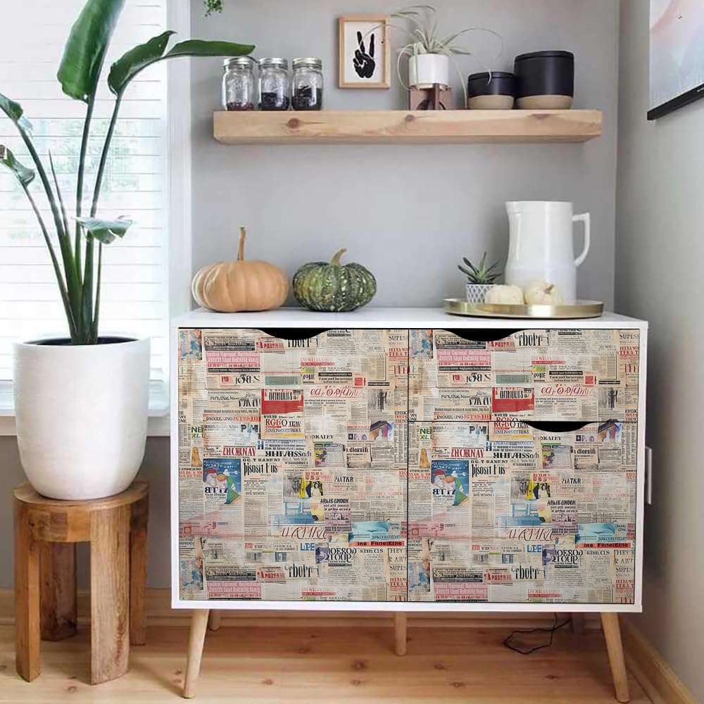 18"x236" Vintage Newspaper Creative Modern Peel and Stick Self Adhesive Wallpaper Removable Contact Paper Stick on Easy Peel Off Wall Paper for Kitchen Bedroom Bathroom Renter