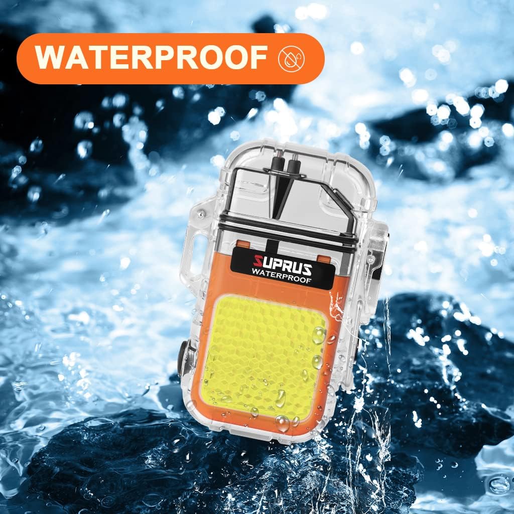 SUPRUS Waterproof 3 Modes of Flashlight Windproof Lighter Dual Arc Electric Rechargeable Dual Arc Plasma Lighter with Survival Emergency Whistle and Lanyard (Orange, 2Packs)