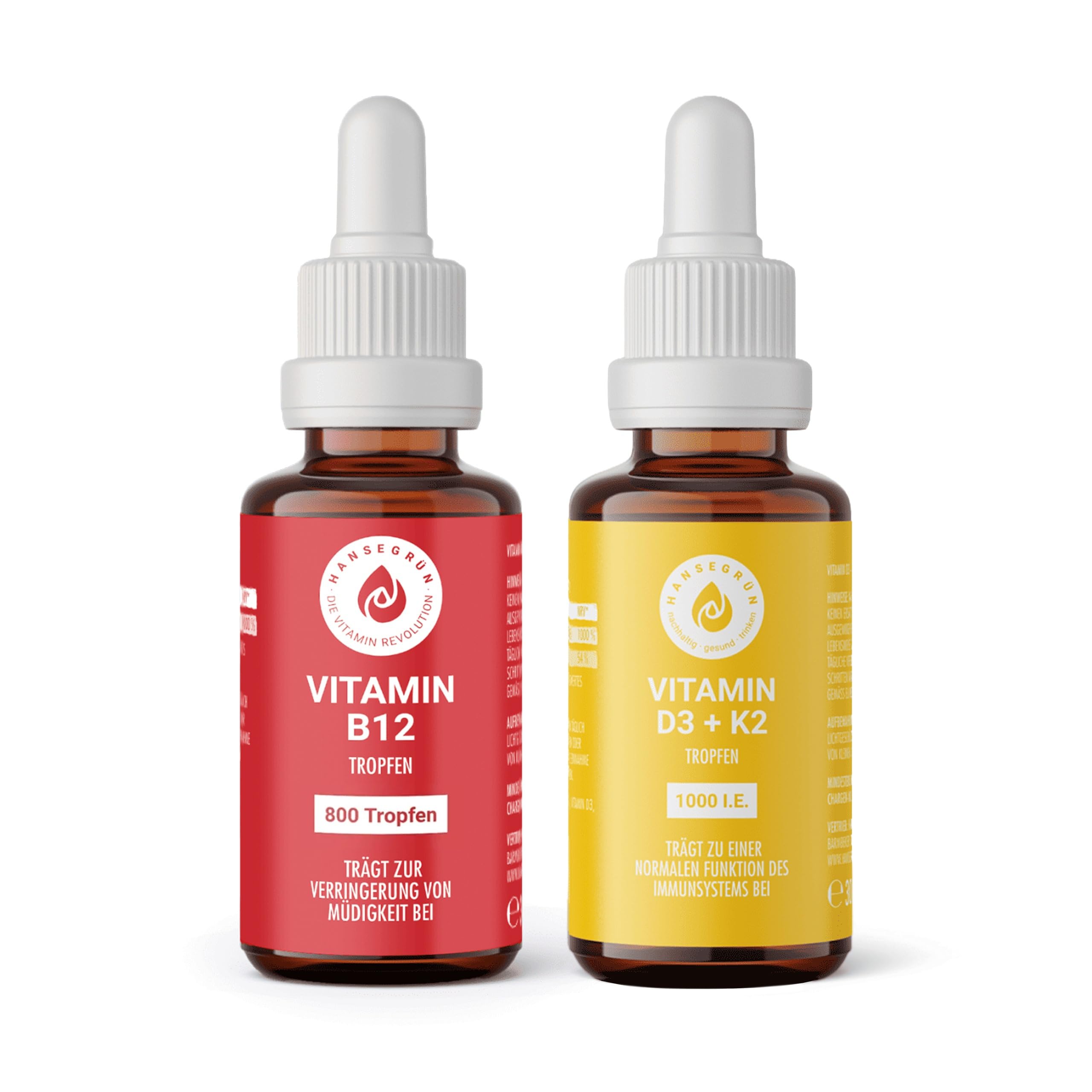 Hansegrün - Kennlernset Vitamintropfen D3 + K2 (30ml) & B12 (30ml) - Normales Immunsystem¹ - Verringerung Müdigkeit² - Normale Knochen³ & Zähne⁶ - Energiestoffwechsel⁵ - Vegan & ohne Zusatzstoffe