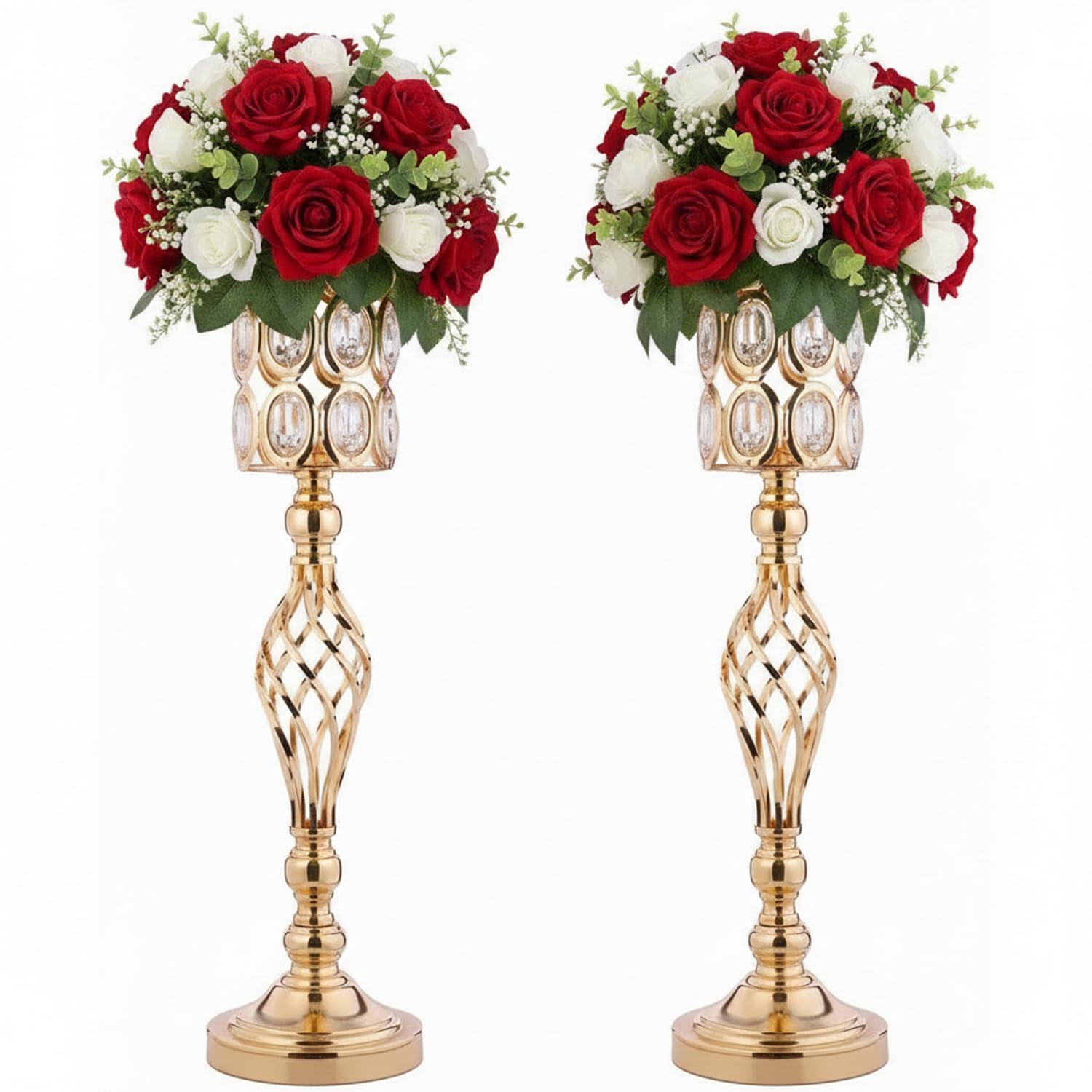 Lovecat Gold Metal Crystal Wedding Centerpiece Vases For Tables Set Of 2, Trumpet Flower Vase Stands For Wedding Party Reception Dining Room Living Room Decor (2L)
