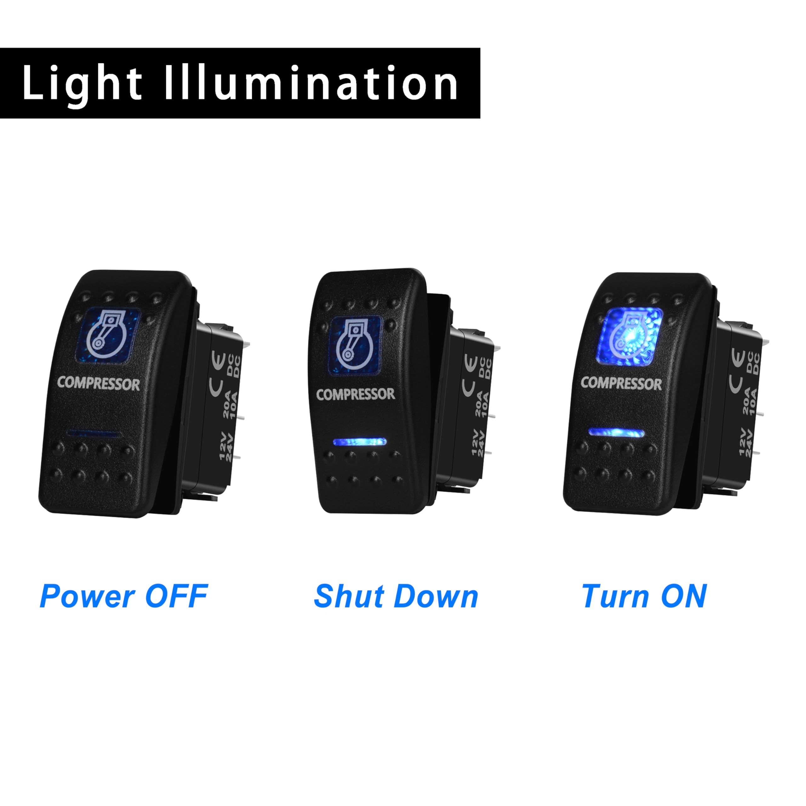 Pulsante interruttore a bilanciere LED blu 5 pin e 7 pin ON OFF ON for auto marine luci interne for barche parti accessori camper(Compressor)