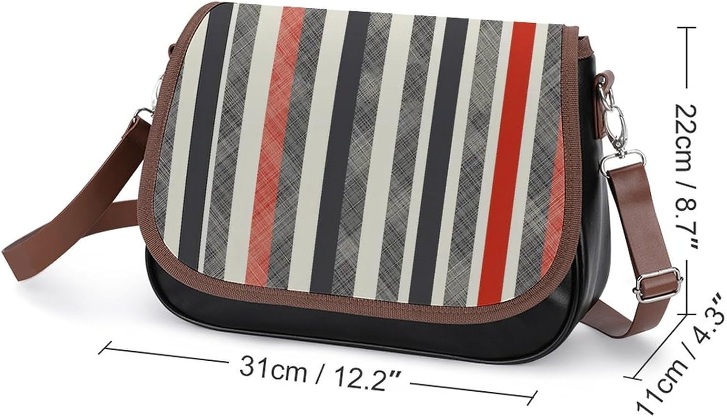 Abstract Striped Geometric with Tartan DesignWomen's Faux Leather Crossbody Bag, Waterproof Wrinkle-Resistant Shoulder Bag with Detachable Strap, Large Capacity Casual Handbag, Fashion Daily Purse for