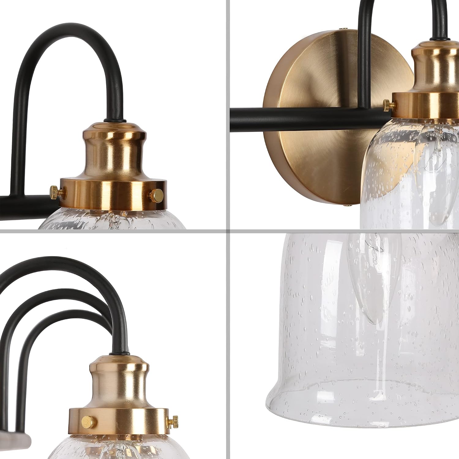 ZEVNI Bathroom Light Fixtures, 3-Light Black and Gold Bathroom Vanity Light with Seeded Glass Shades, 21.5" x 7" x 9"