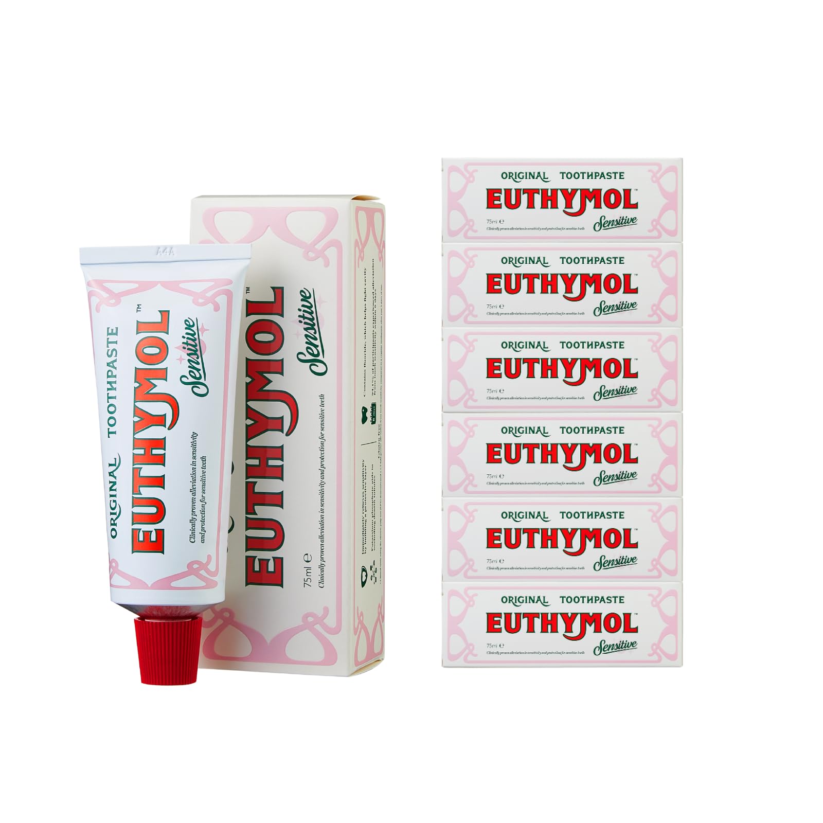 Euthymol Sensitive Zahnpasta 75 ml x 6, Fluorid-Zahnpasta für empfindliche Zähne, Plaque-Entfernung, Karies-Schutz, antibakteriell, glutenfrei, Thymol & Menthol, erfrischt den Atem, sanfte Zahnpflege