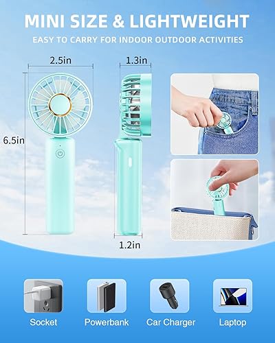 Miniatura 6 de Mini ventilador portátil, pequeño ventilador de mano recargable por USB de 2000 mAh, ventilador de escritorio ajustable de 180, 3 velocidades, ultra