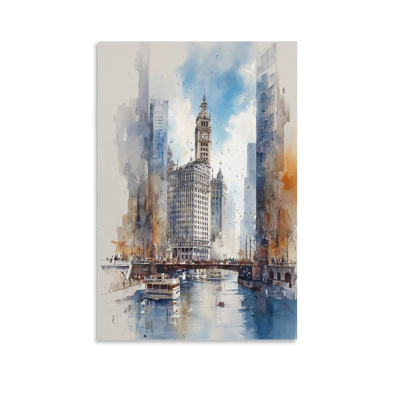 XWYMXZ Chicago Watercolor Art Print Vibrant Travel Poster 24x36inch(60x90cm) Vintage Watercolor Canvas Art