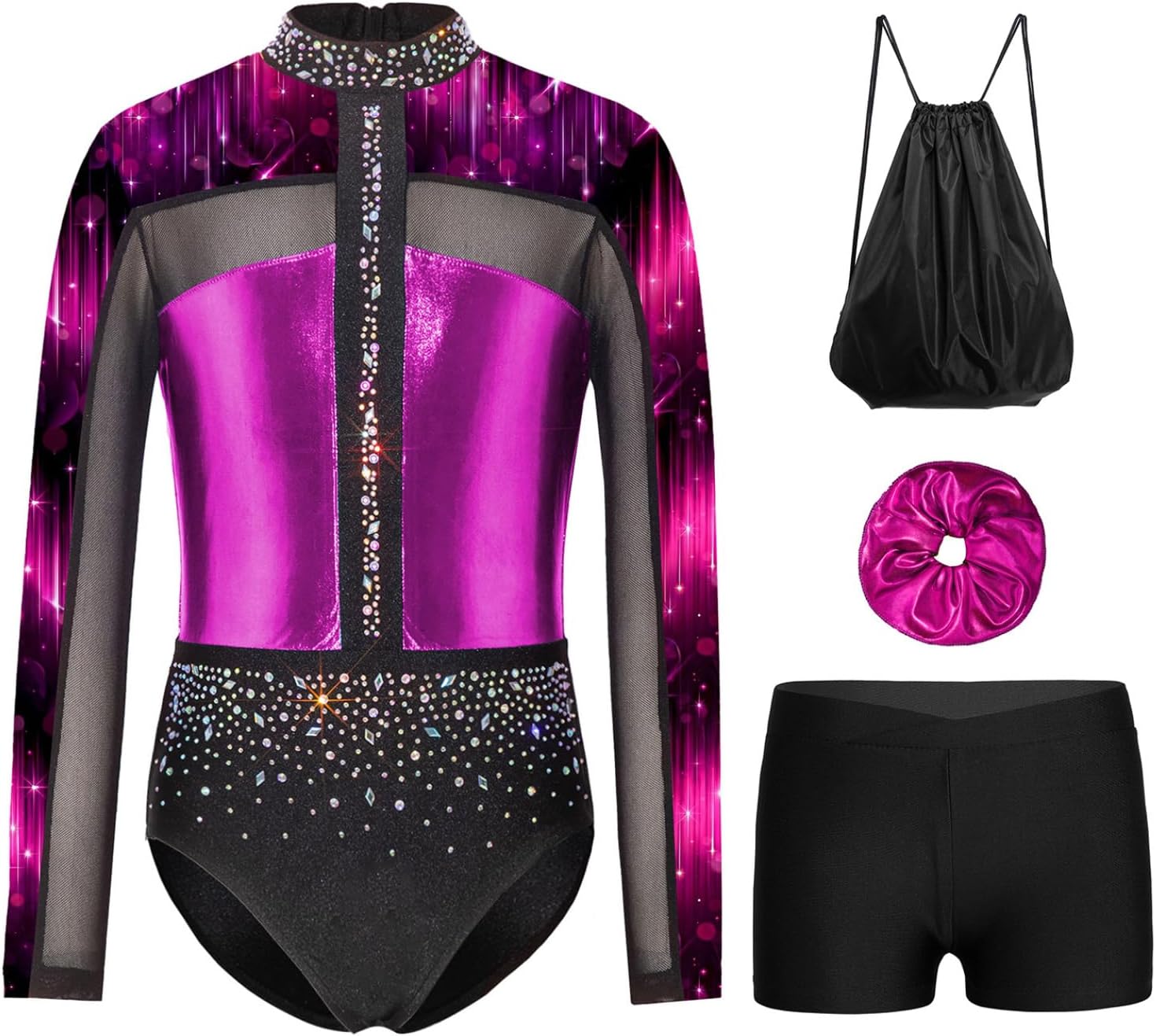 Gymnastics Leotards for Girls Long Sleeve Ballet Dance Bodysuit with Shorts And Hair Ties Gym Bag Set