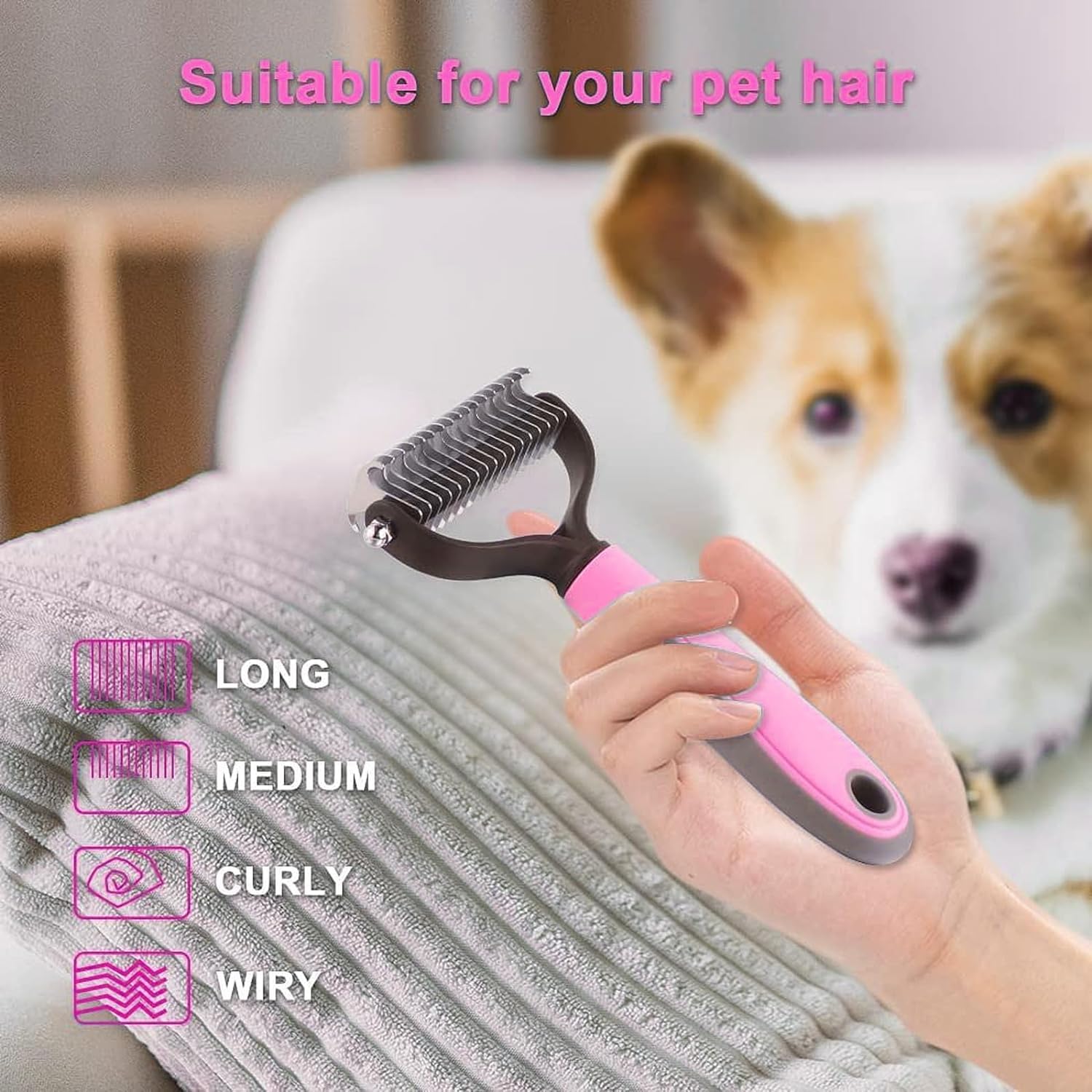 Spazzola per Cani Pelo Lungo, Spazzola Gatto Deshedding Brush Animali Acciaio Inossidabile Doppia Faccia Strumento di Deshedding Animali per Cane/Gatto Pelo Lungo, Medio e Corto (Pink)