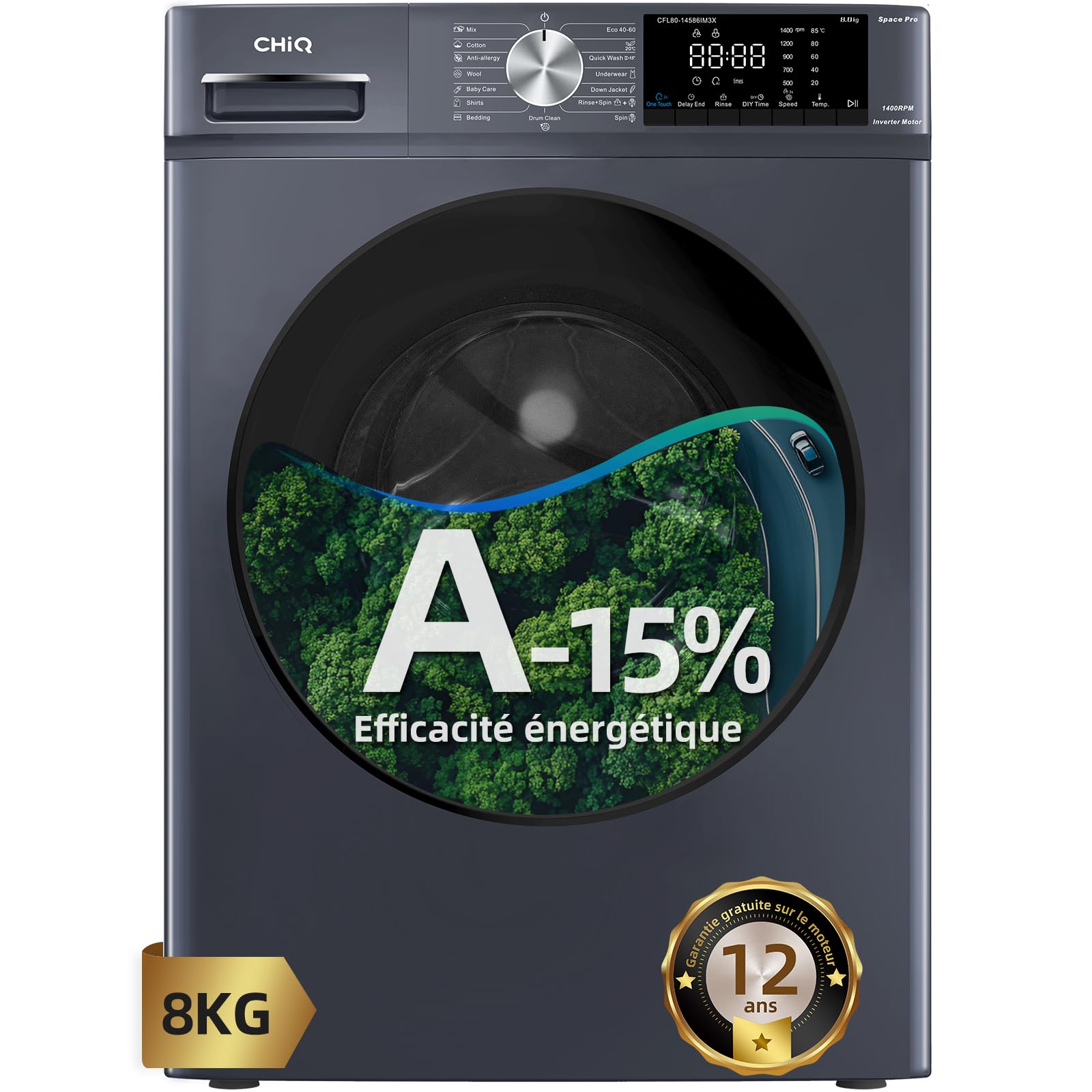 CHiQ Lave-linge CFL80-14586IM3XA 8 kg 1400 tr/min Classe A-15% Moteur Inverter stable Programme intelligent IA Fonction vapeur Gris