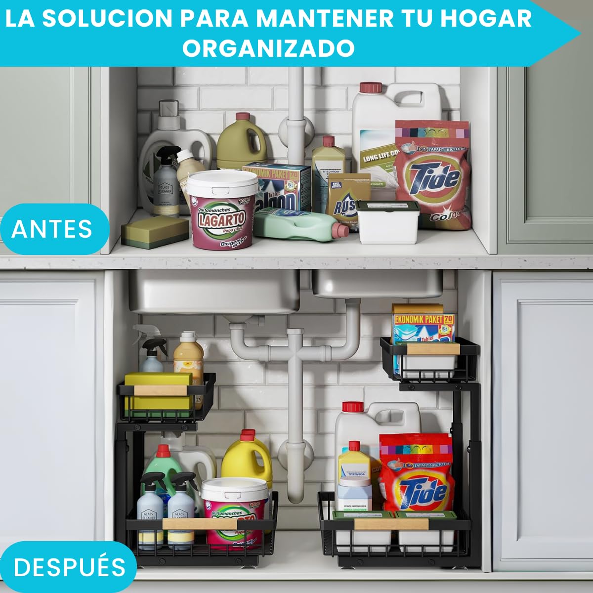 Organizador Bajo Fregadero Multiusos Fácil de Montar PREMIUM | Organizador Cocina, Baño, Lavadero | Acero Carbono 2 Niveles, Cestas Extraíbles, Altura Ajustable y Forma de L | Hogar y cocina