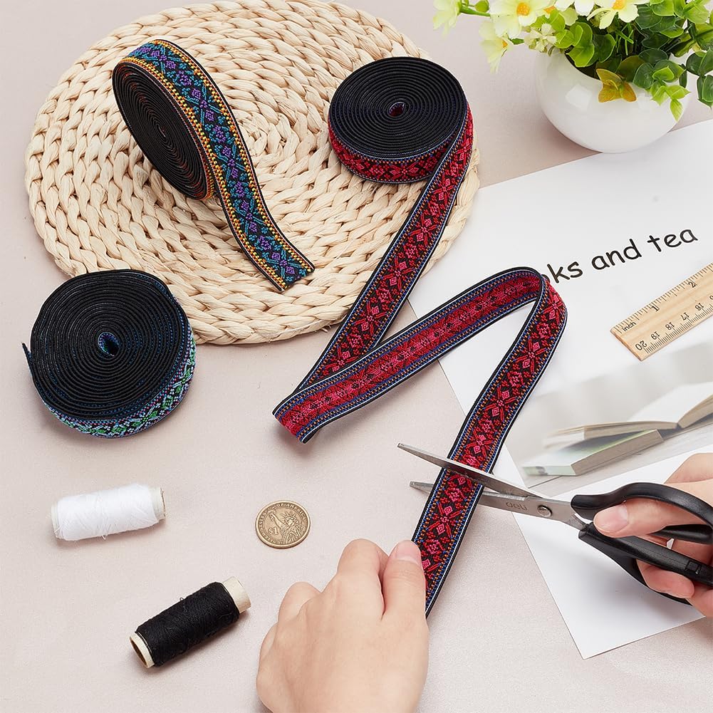 PH PandaHall 9 Yards 3 Colors Elastic Jacquard Ribbon Ethnic Embroidered Trim Boho Jacquard Ribbon Vintage Woven Fabric Trim for Webbing Garment Sewing Accessories DIY Crafts Making, 0.8inch