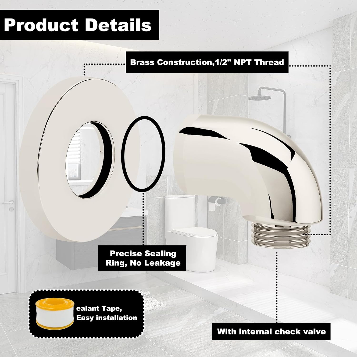 K-22172-SN Wall-Mount Shower Supply Elbow with Check Valve - 1/2" NPT Connection, Brass Construction, Polished Nickel Finish for Handheld Shower Head Hose, Backflow Prevention Bathroom Fitting