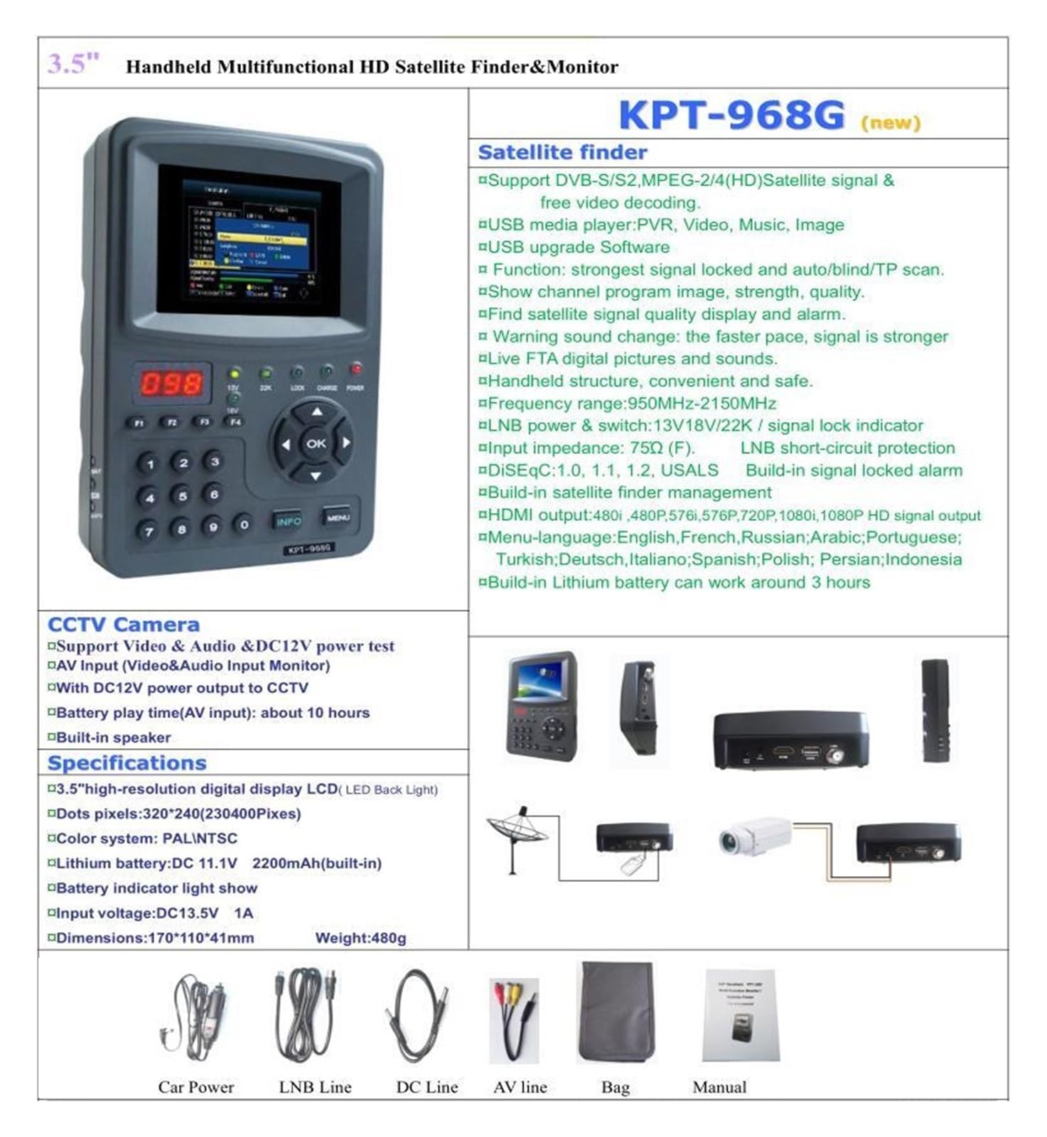 Digital Satellite Finder KPT 968HD Meter 3.5 TFT LED DVB-S2 DVB-S Sat MPEG-4 1080P Full HD Satfinder portatile KPT-968G Decodificatore del ricevitore