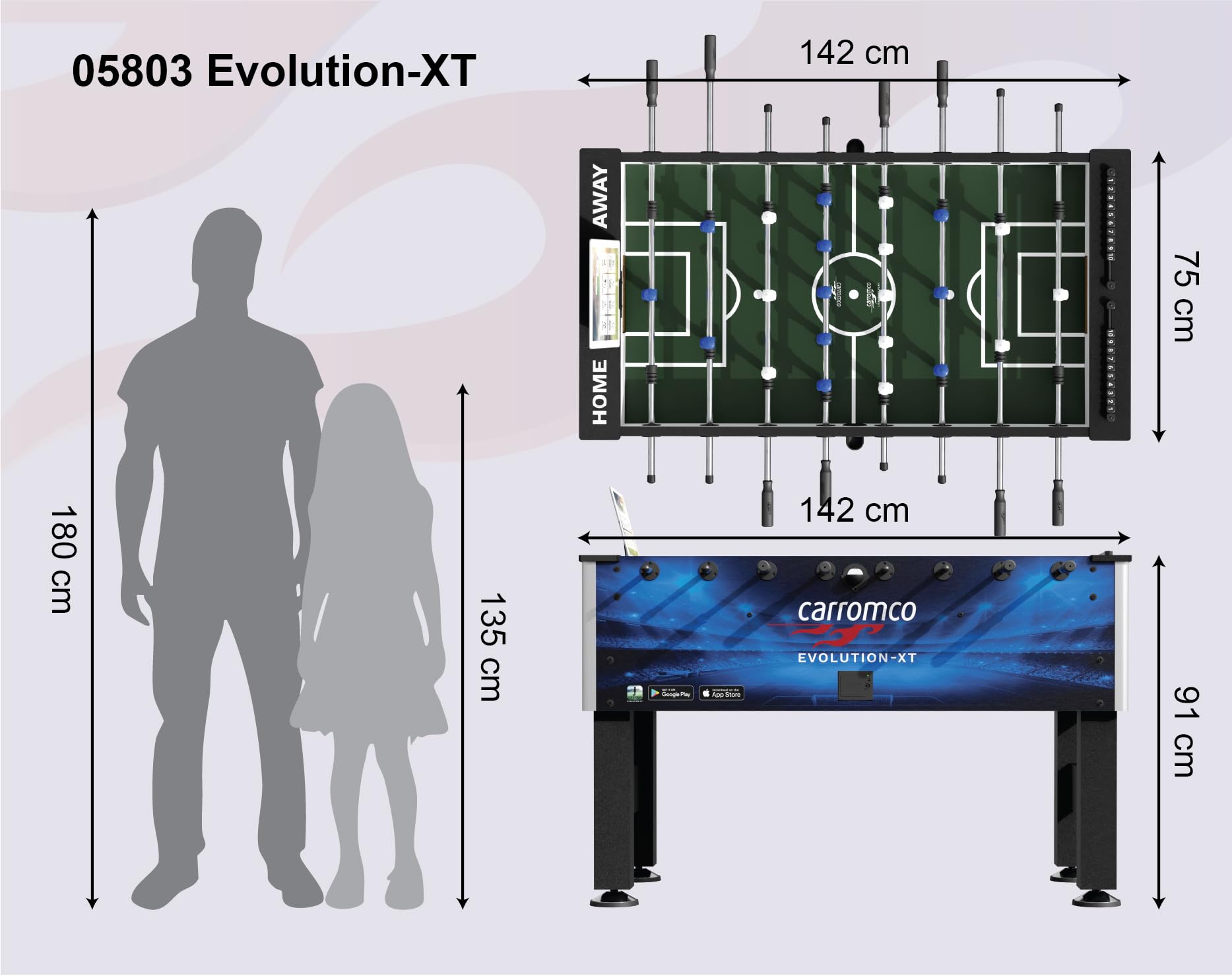 Carromco Kickertisch Evolution-XT | Profi Tischkicker mit App-Funktion | PROFI-TISCHFUSSBALL: Blauer Kicker (60kg) für Fortgeschrittene. Inkl. Tablet-Halter, interaktiver App & 2 Kickerbällen
