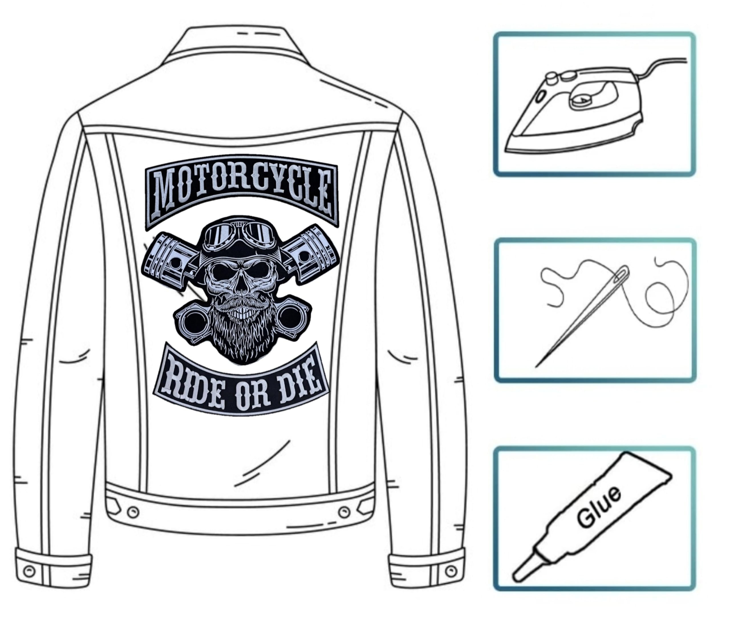 Set 3 Toppe ricamate Biker " Ride OrDie Motorcycle " + Punck Skull XXL Patch Termoadesive per gilet e giubbotti moto, per decorare giacche da moto, Ricamo su accessori fai da te. (Set completo)