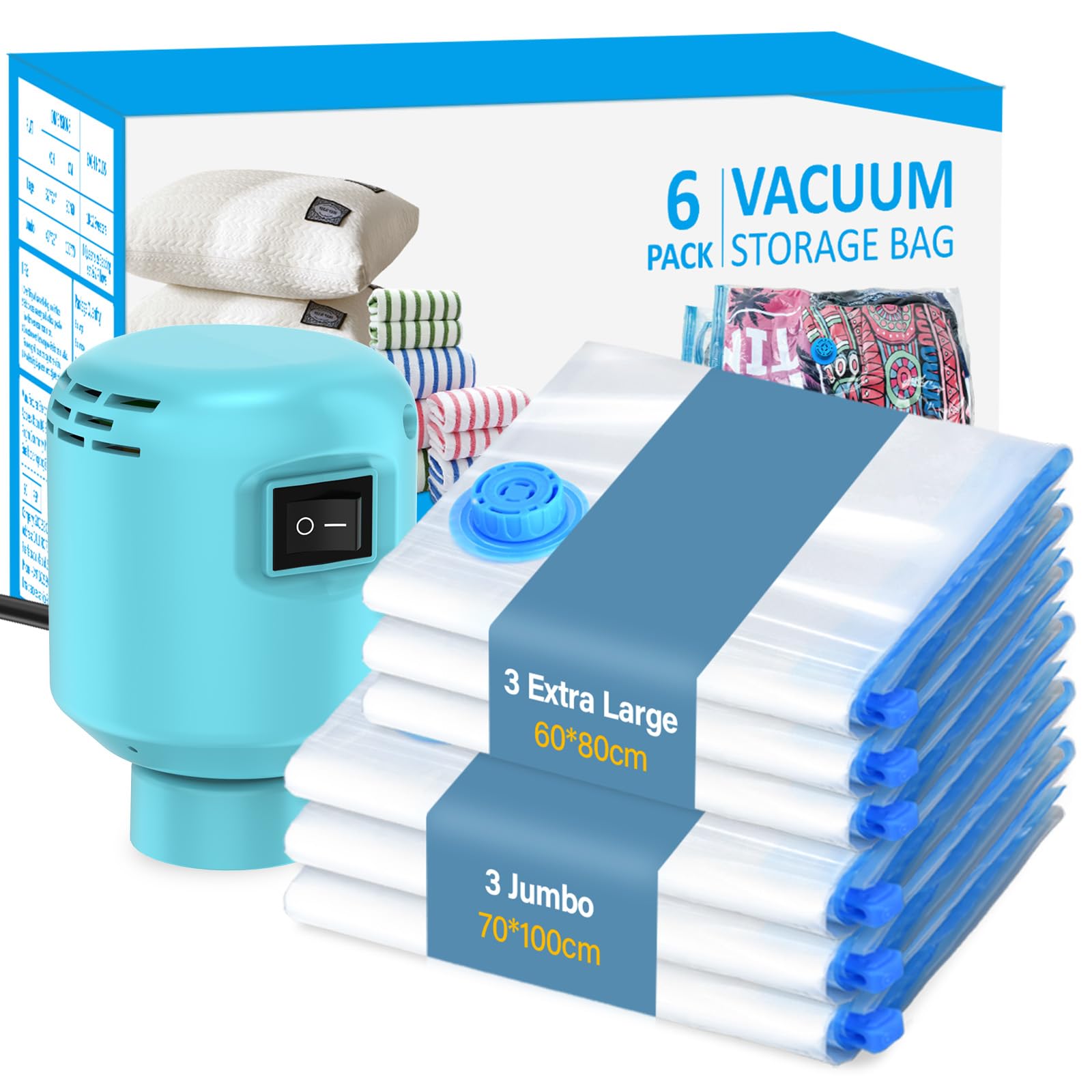 Vacuum Storage Bag with Electric Pump 6 Pieces (100 x 70 cm/80 x 60 cm), Reusable, Moisture Resistant and Durable, Suitable for Clothes, Duvets, Stuffed Animals, Bedding etc