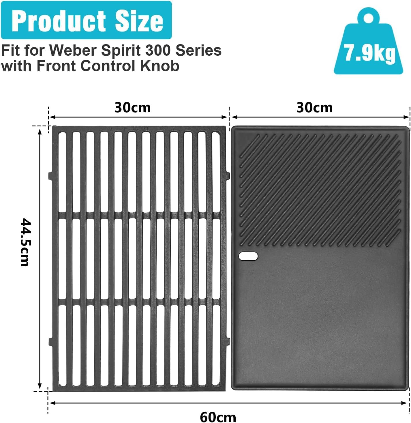 GRISUN Griglia e piastra 44,5 cm (7638) in ghisa per Weber Spirit I & II serie 300 - E310, E320, E330, S310, S320, S330, S330, Ricambi 2 pezzi