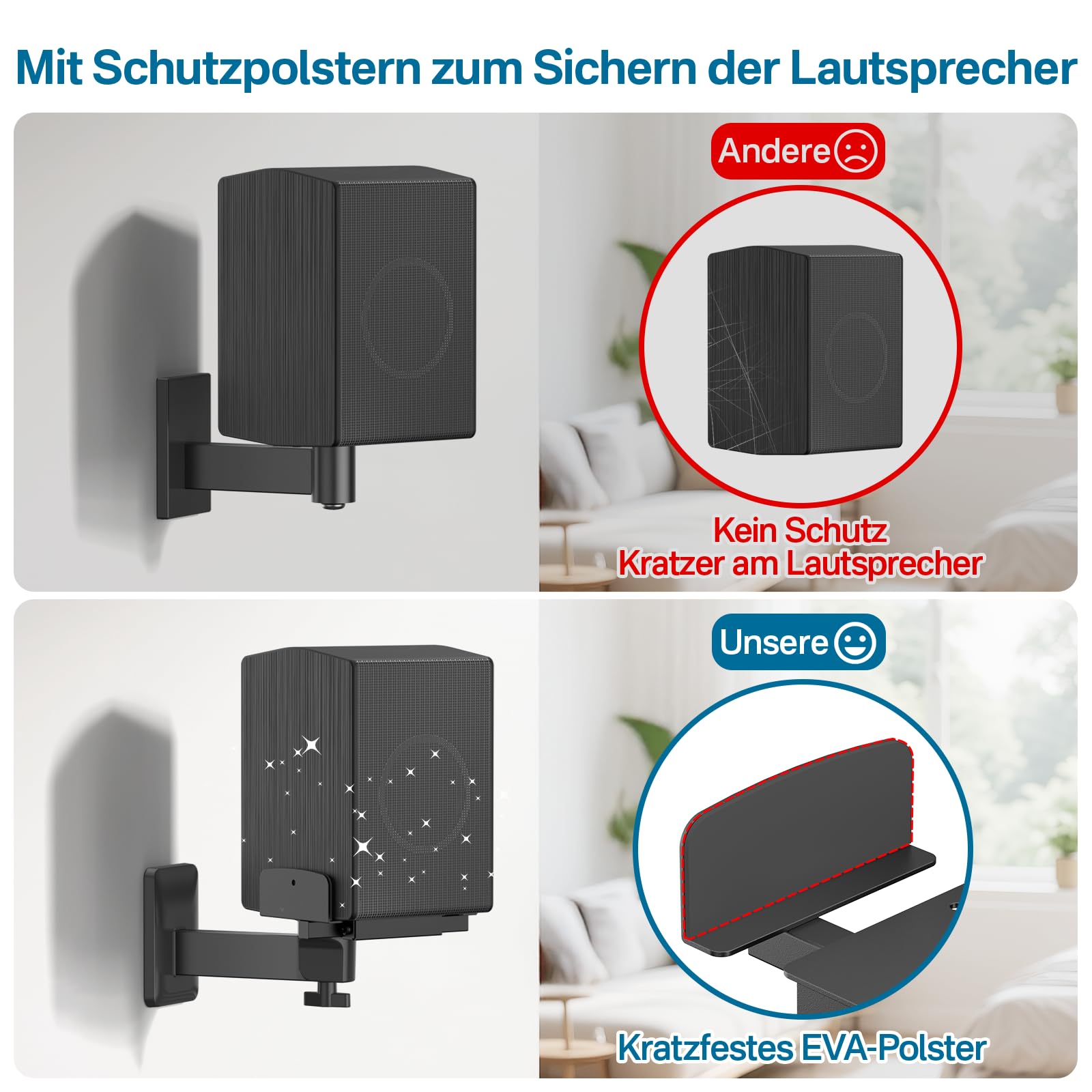 Supports muraux réglables pour Enceintes d'étagère – morsets latéraux Doubles – pour Klipsch, Bose, Edifier, Yamaha, Polk, KRK – avec Serre-câbles – Lot de 2