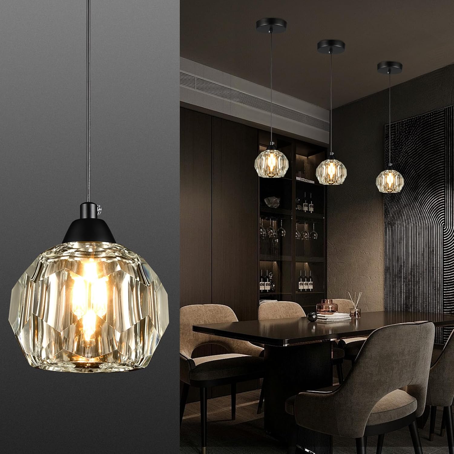 Weesalife Crystal Chandeliers for Dining Room Lights Fixture Over Table, 1-Light Black Modern Pendant Light Fixture，Crystal Pendant Lighting for Kitchen Island Bathroom Bar