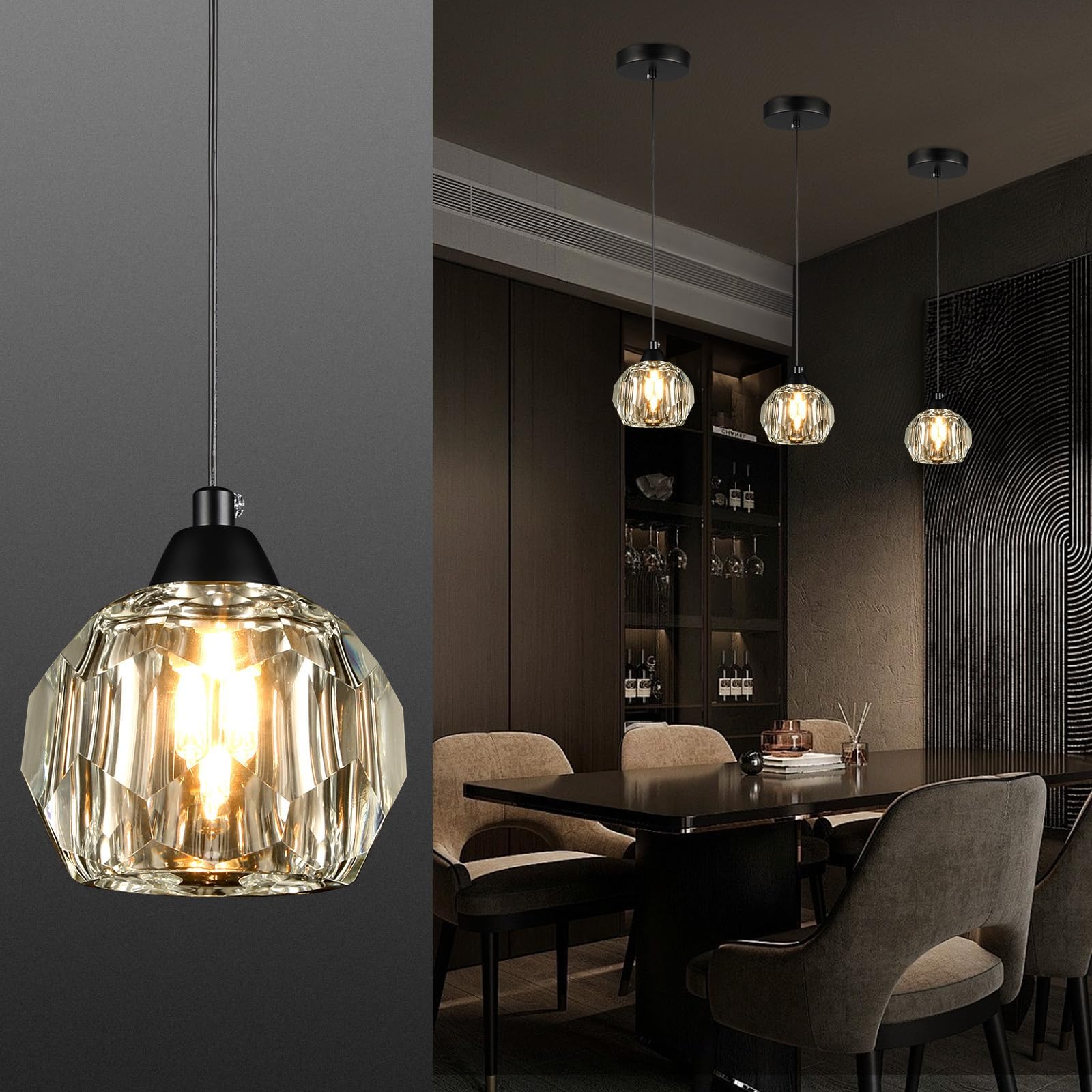 Crystal Chandeliers for Dining Room Lights Fixture Over Table, 1-Light Black Modern Pendant Light Fixture，Crystal Pendant Lighting for Kitchen Island Bathroom Bar