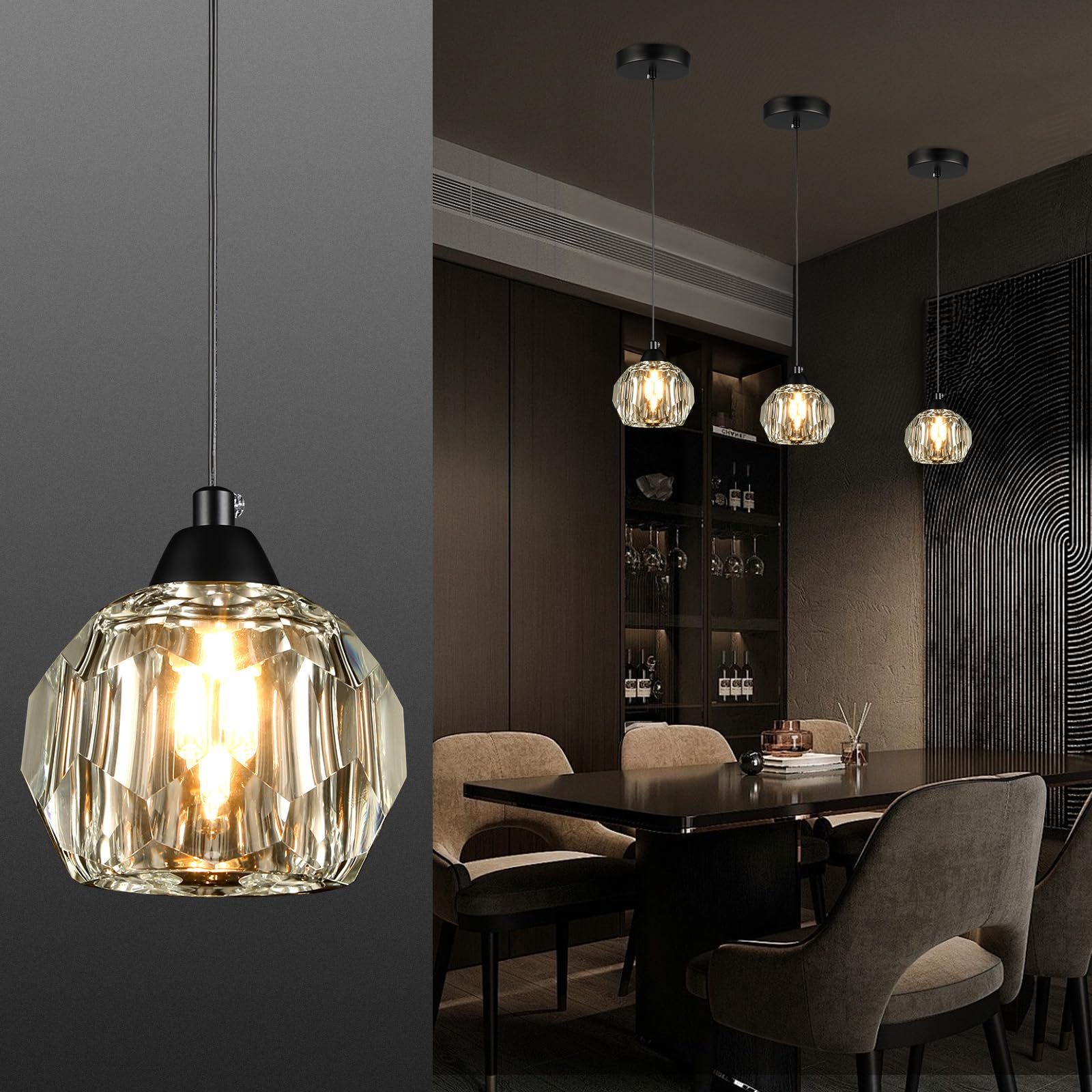 Crystal Chandeliers for Dining Room Lights Fixture Over Table, 1-Light Black Modern Pendant Light Fixture，Crystal Pendant Lighting for Kitchen Island Bathroom Bar