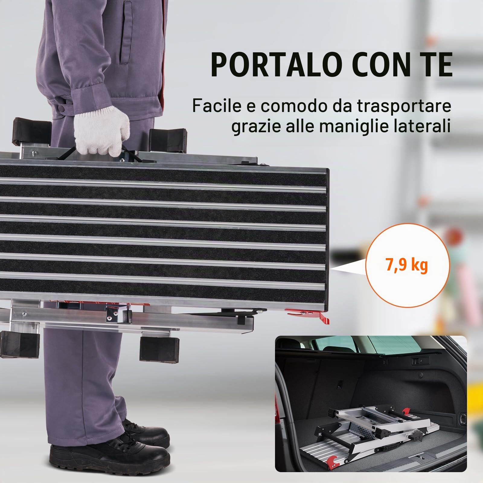 VEVOR Piattaforma da Lavoro in Alluminio Pieghevole Portatile, Carico Max. 200kg, Uso Interno Esterno, Sgabello Basso 48,7x128x30 cm, Cavalletto