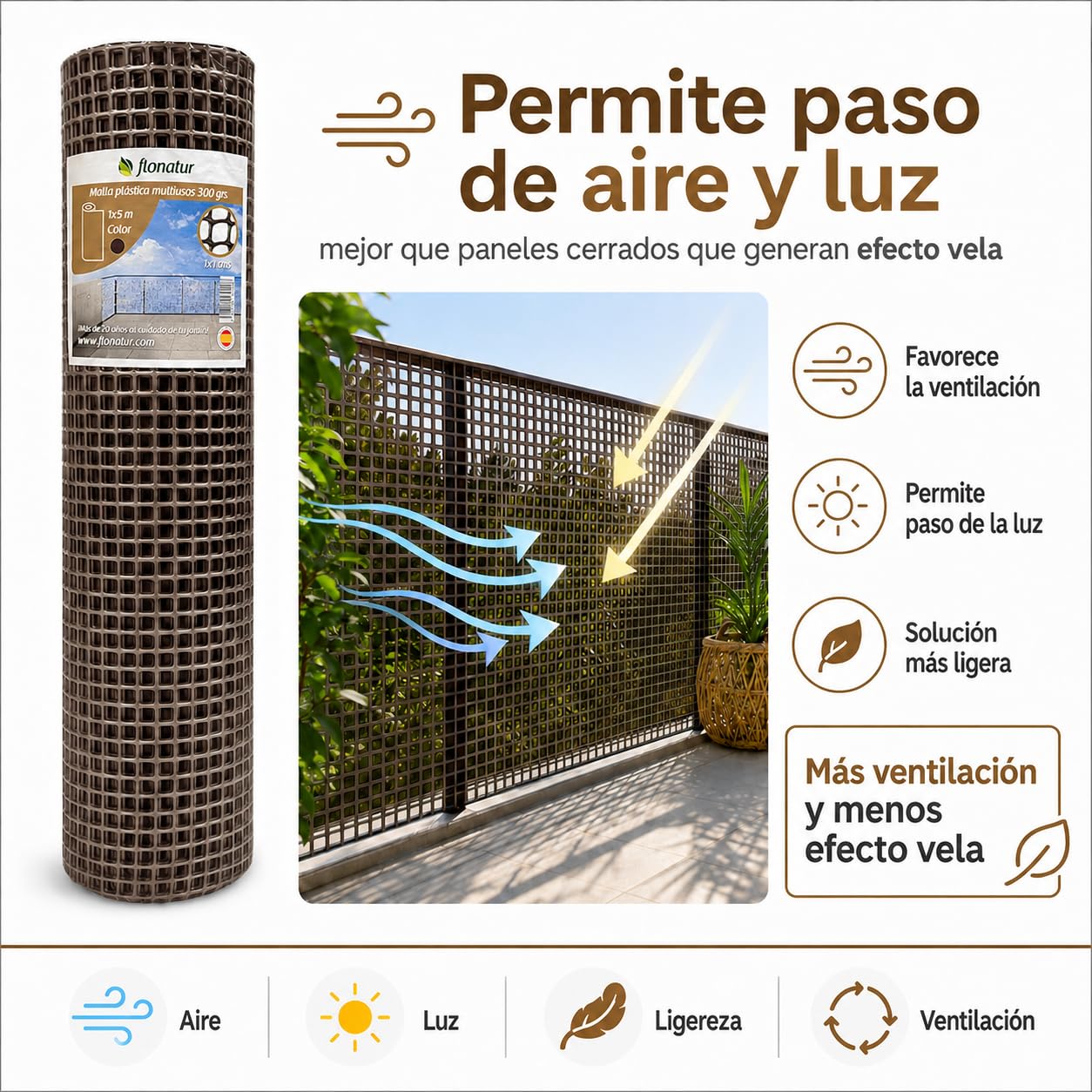 Malla de Plástico para Balcones y Terrazas 1x5m, Malla Rejilla Cerramientos de Color Marrón, Ancho del Cuadro 1x1 cms, Peso 300gr/m2