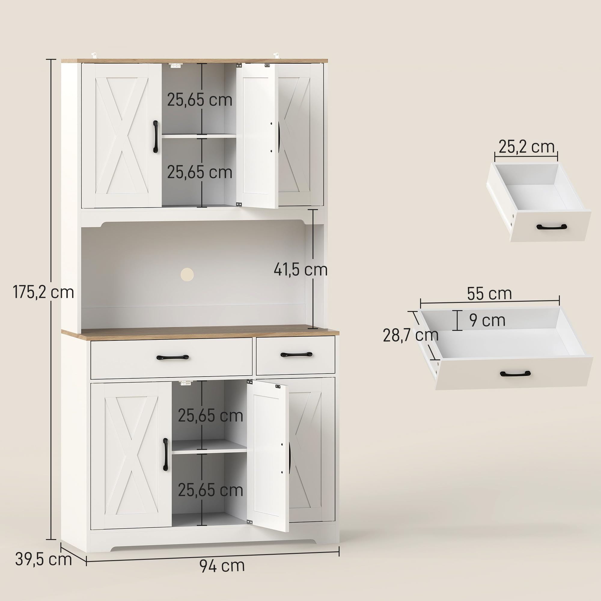HOMCOM Alacena de Cocina Alta, Mueble Auxiliar de Cocina, con 6 Puertas, Encimera Abierta para Microondas, 2 Cajones, Estantes Ajustables, Orificio para Cable, 94x39,5x175,2 cm, Blanco