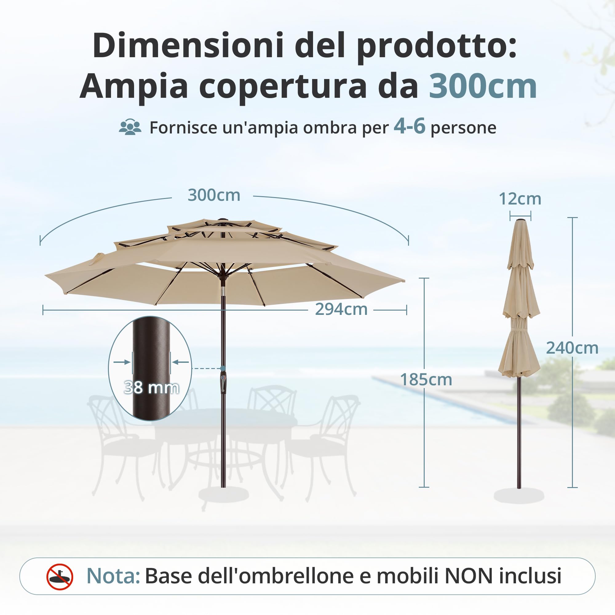 LUE BONA Ombrellone da Giardino 300 cm a 3 Livelli, Parasole Esterno con Inclinazione Regolabile e 8 Stecche in Vetroresina per Patio Piscina Terrazzo Mare