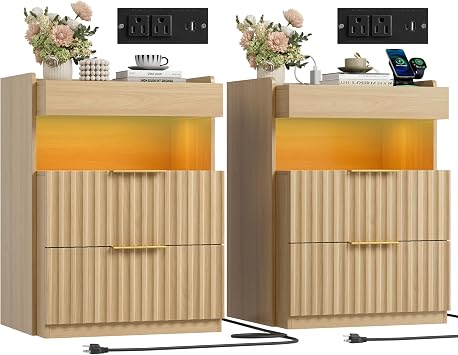 FINETONES Nightstands Set of 2 with LED Lights and Charging Station