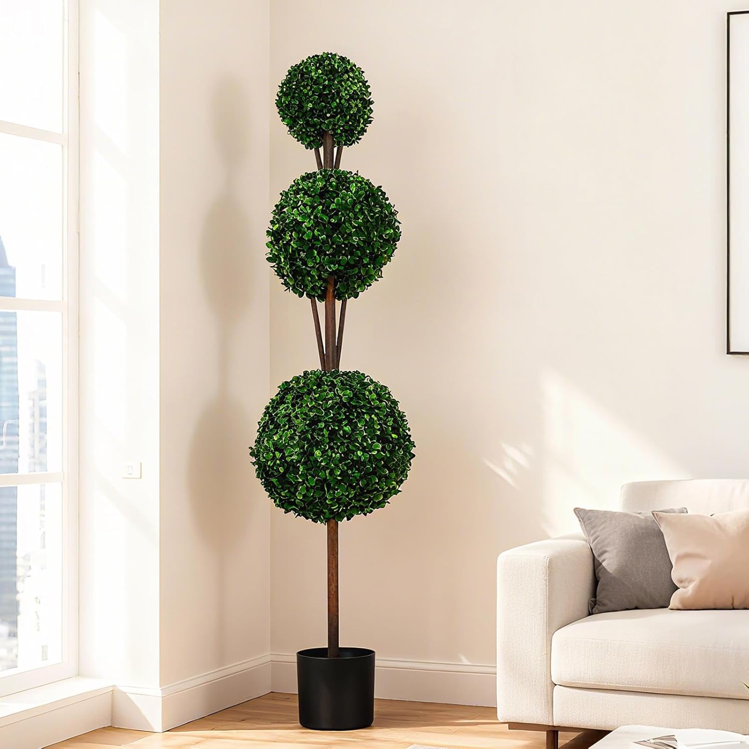 4ft Artificial Triple Ball Boxwood Topiary Tree with Planter Pot, Realistic Faux Shrub for Home Porch Garden Decor, 2 Pieces