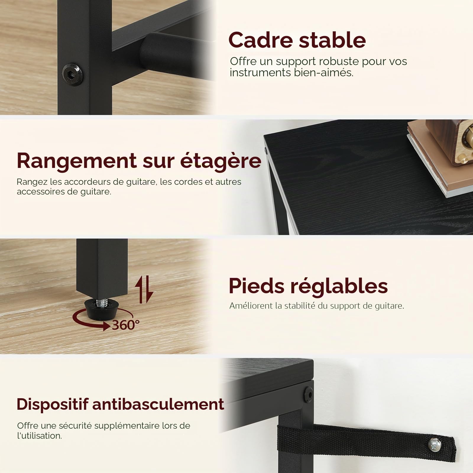 MAHANCRIS Support de guitare pour 9 guitares, acoustiques, électriques, basses, ukulélés, banjo, tourne-disques, support de présentation en mousse EVA pour studio de musique, noir AGSHB8501