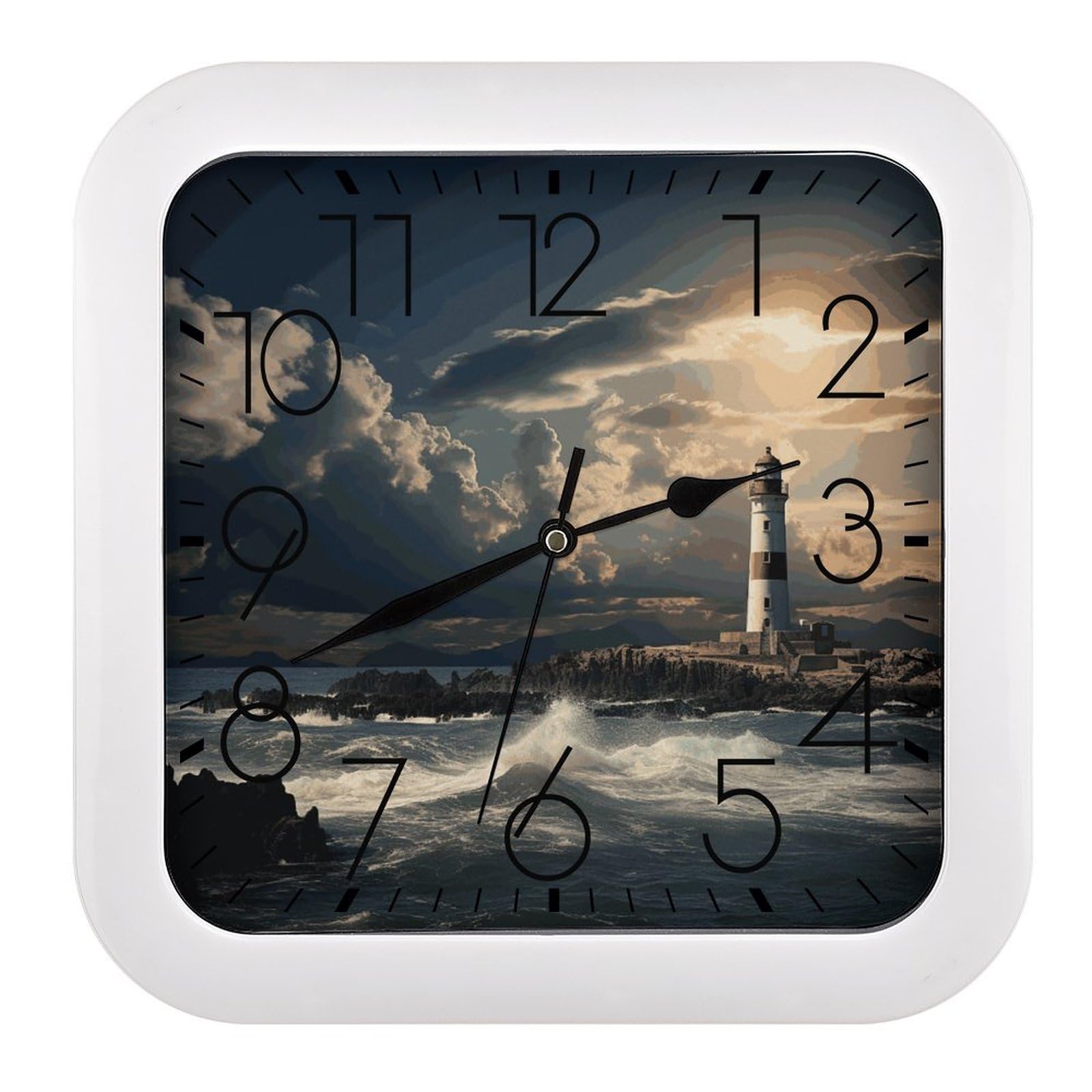Fodpand Style Old Lighthouse By The Sea Wall Clock,Battery Operated Modern Retro Rounded Square Clock Clock For Bedroom Living Room Office Home Gym Porch Decor Indoor Outdoor 10.2 * 10.2In