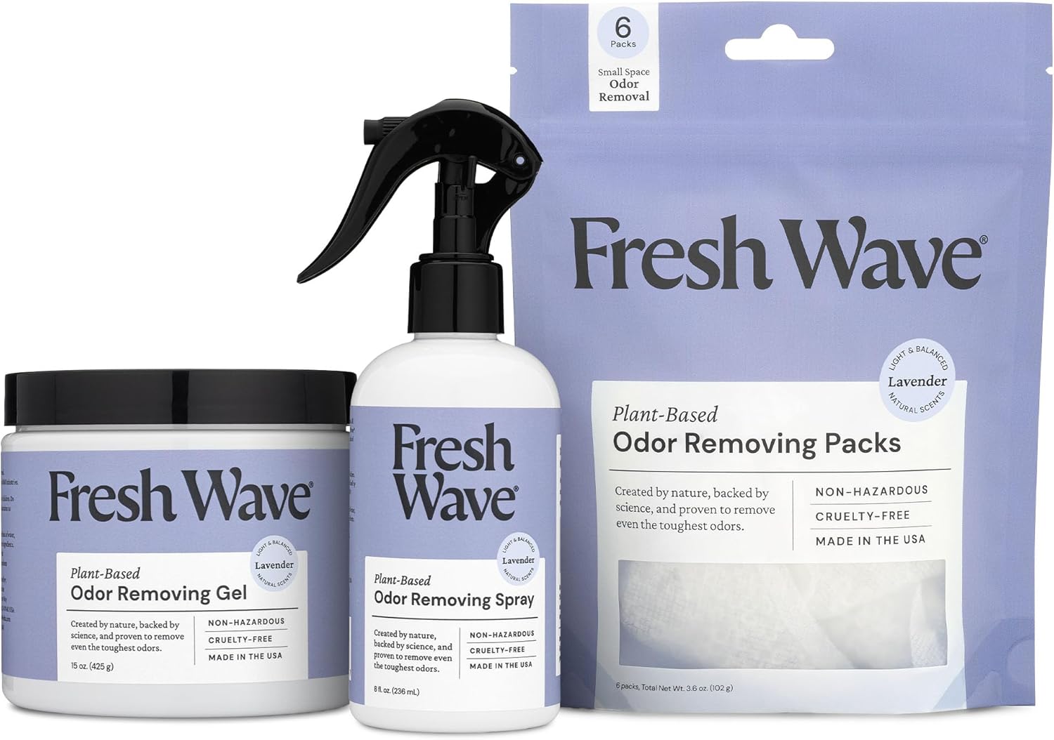 Fresh Wave Odor Removing Lavender Variety Bundle: (1) 8 fl.oz. Spray, (1) 6ct Packs, (1) 15 oz. Gel