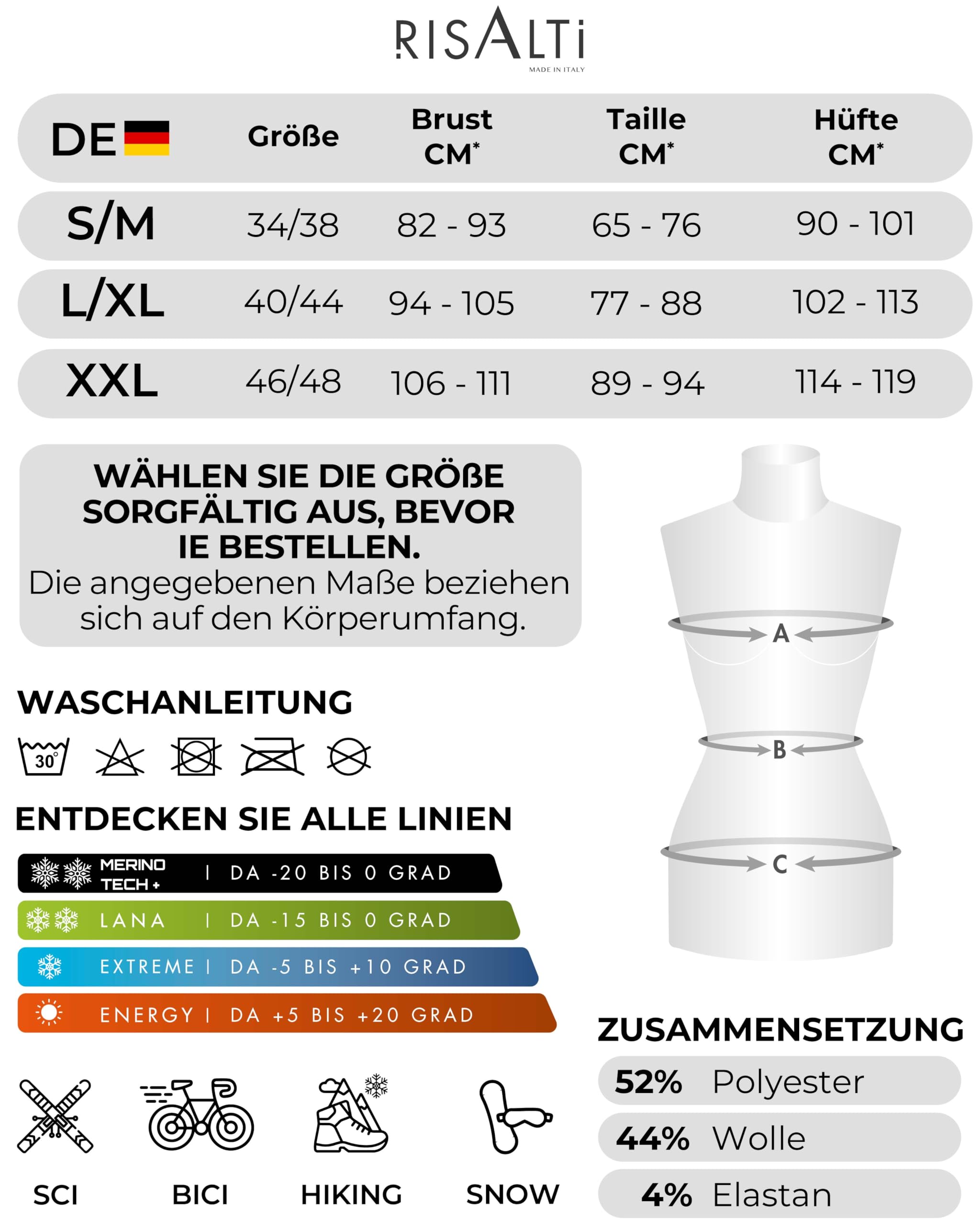 Risalti Thermounterwäsche Damen Merino Tech – Thermoshirt Damen Langarm Und Thermounterhose aus Premium Merinowolle und Dryarn, Extrem Funktionsunterwäsche, Winter, Ski, Wandern – Made In Italy