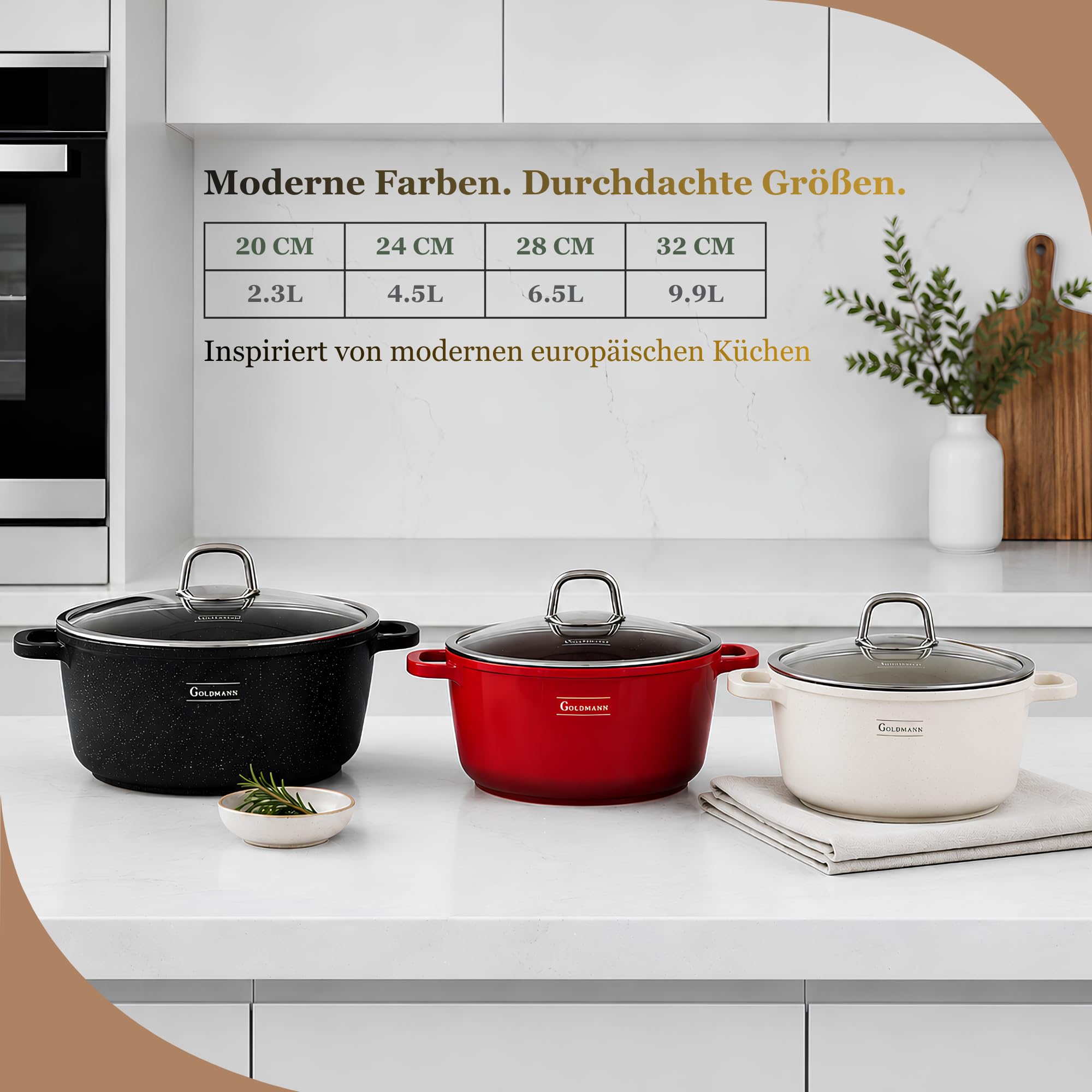 GOLDMANN Kochtopf aus Aluminiumguss, 24 cm - 4.5 L, antihaftbeschichtete Keramik-Marmor-Optik, Glasdeckel, induktions- und für alle Herdarten geeignet, ofenfest und PFOA-frei