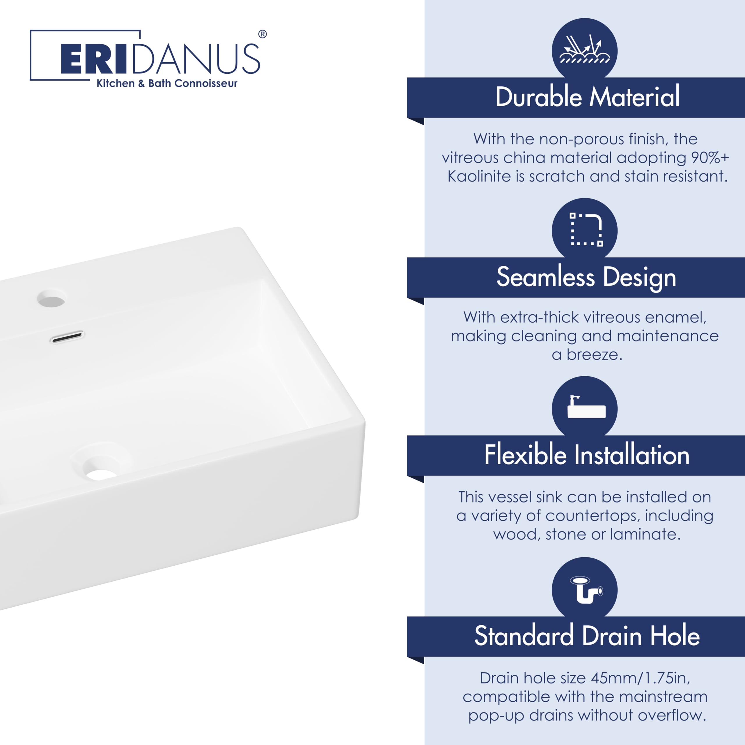 Eridanus Lavabo en céramique blanche brillante, rectangulaire à suspendre au mur pour installation sur comptoir, lavabo carré en porcelaine vitreuse pour vestiaire, évier de vasque 520 x 380 x 150 mm