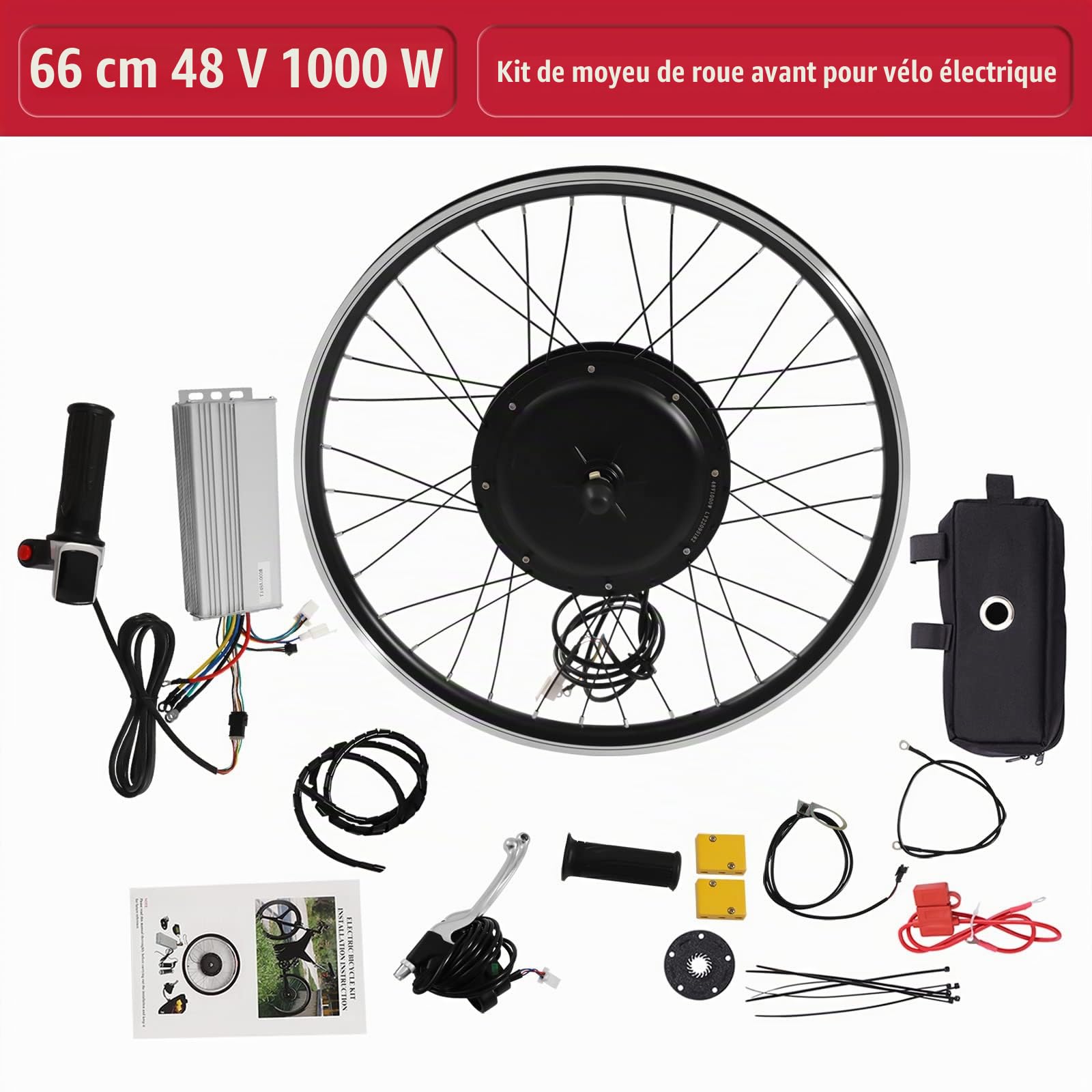 Kit de conversion de roue avant pour vélo électrique 26" 48 V 1000 W (sauf batterie) sans pneu