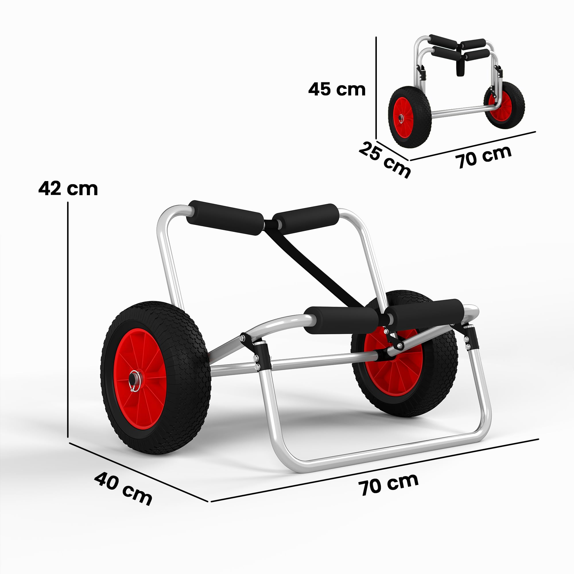 HOMCOM Chariot de transport trolley pour kayak, stand-up paddle, canoë avec sangle, grandes roues et cadre en aluminium dim. 70L x 40L x 42H cm noir et rouge