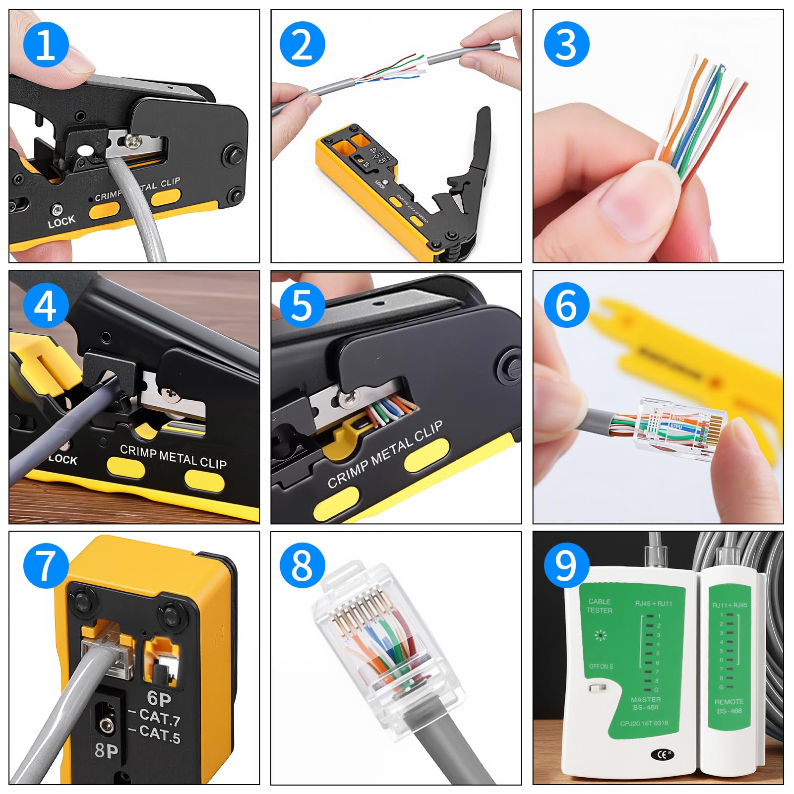 Crimpadora RJ45 Kit Herramientas de Red SOARFLY | Juego Completo con Conectores RJ45 Pasantes Cat5/Cat6/Cat7, 50 PCS Conectores, Pelacables, Comprobador de Red y Compatibilidad con RJ11/RJ12/RJ45