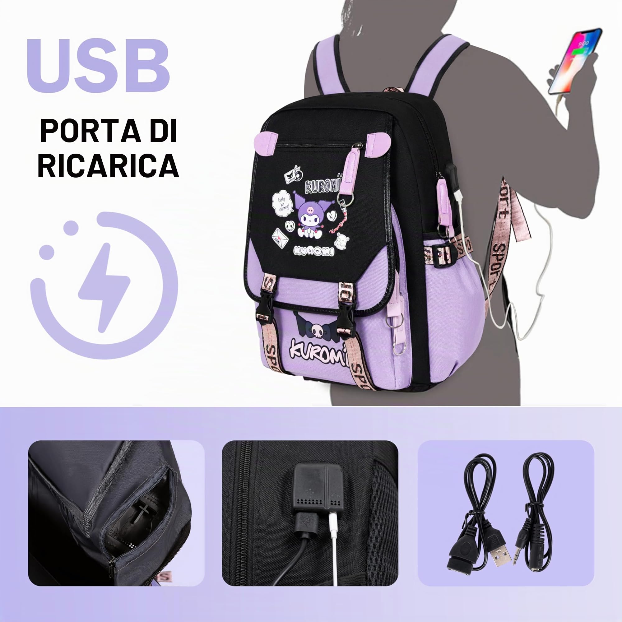 Roffatide Zaino da viaggio e da trekking per computer portatile, stile business casual, con stampa Anime Kuromi, 43,2 cm