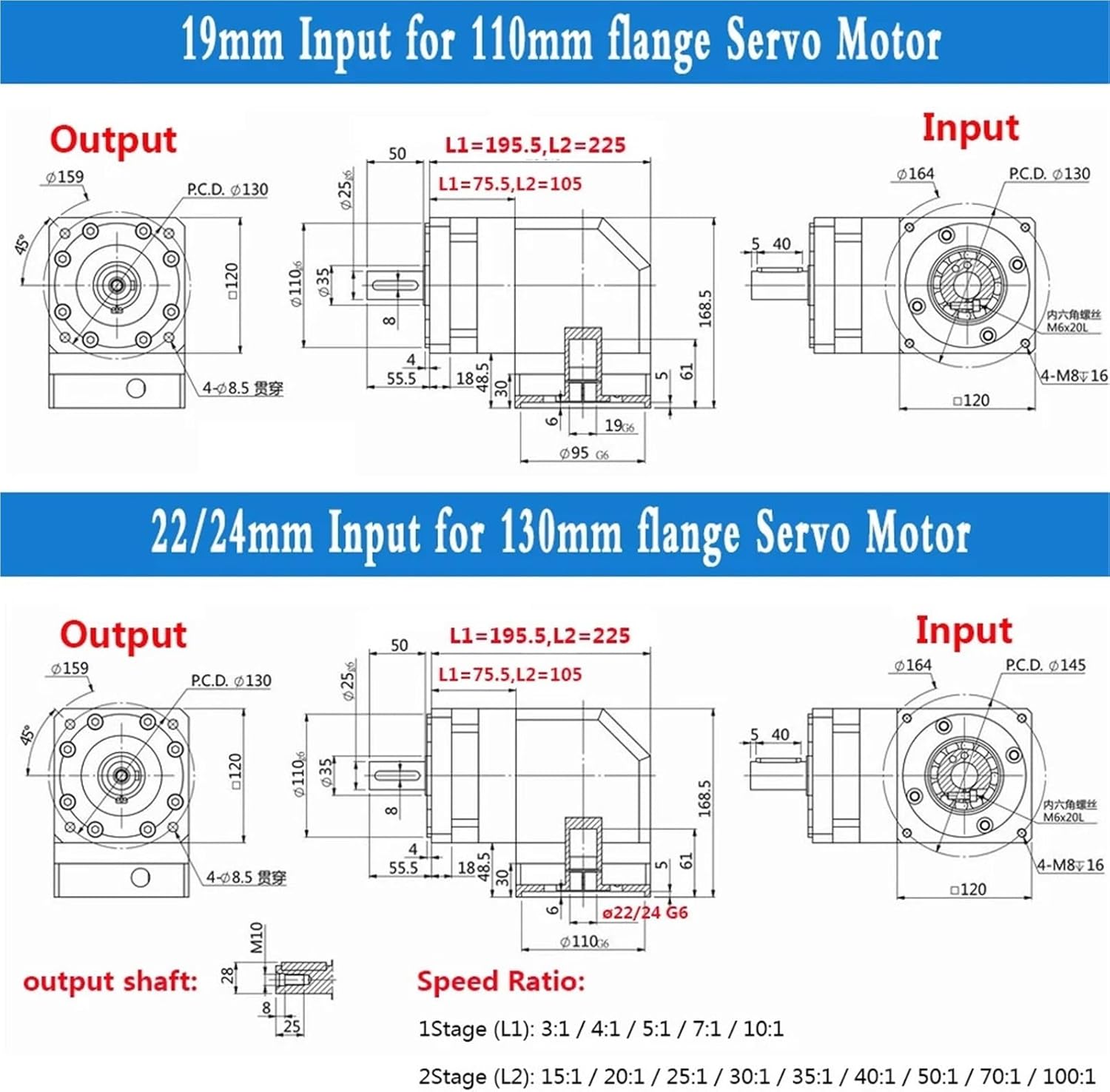 VPYKJL 130mm servo Motor Planetary Gearbox Right Angle ratio3-100:1,shaft19mm,10 arcmin 90 Corner Reducer for DC Motor servo 110mm(Ratio 25,24mm Input)