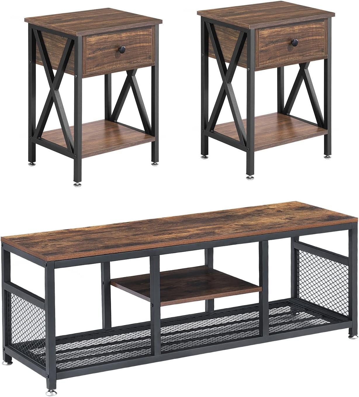 VECELO Nightstand Modern Side End Sofa Table Night Stand with Bin Drawer for Living Room and Bedroom, Set of 2, Industrial Metal Frame, Black : Home & Kitchen