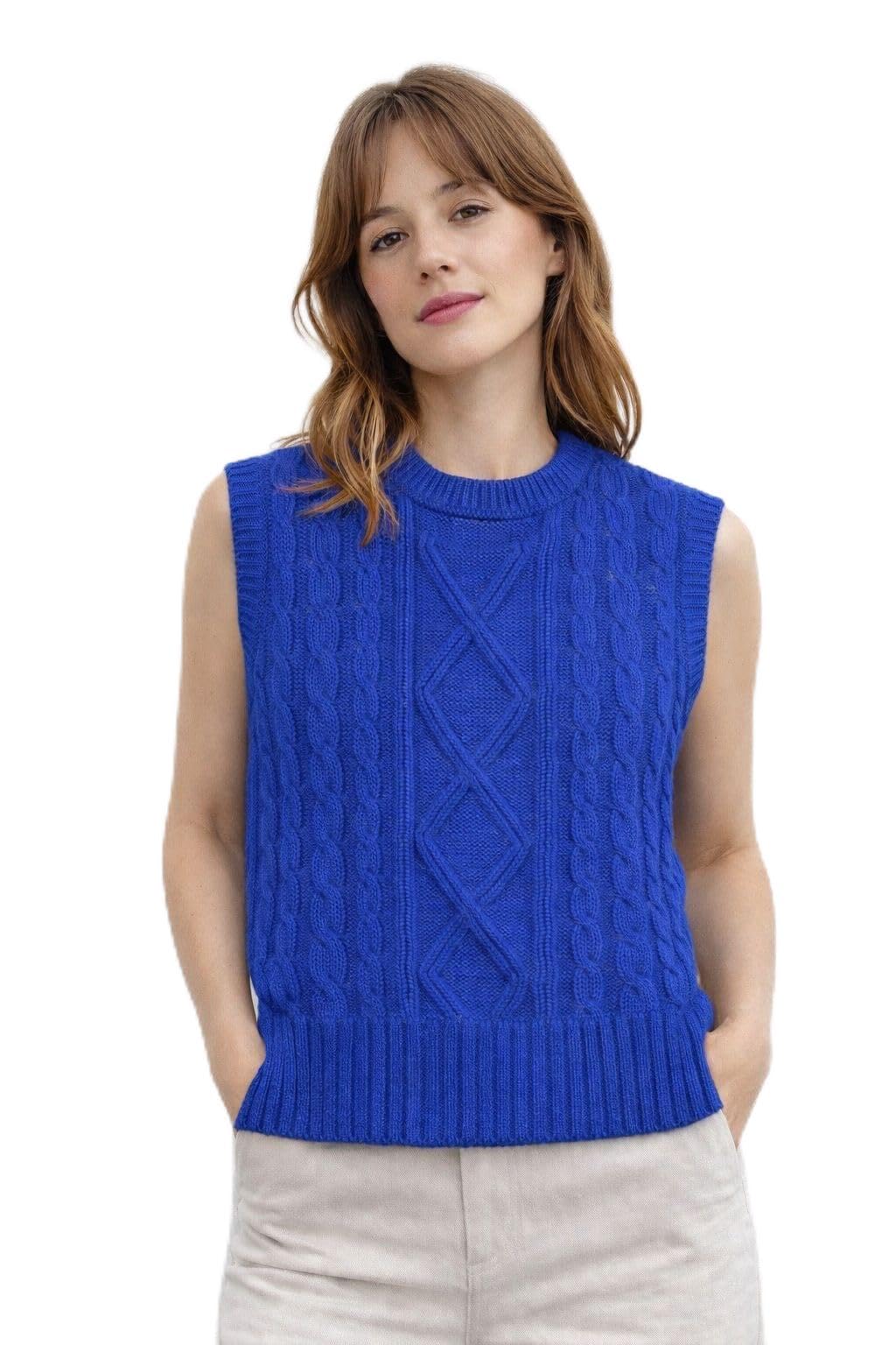 Women Sleeveless Sweater Vest | Round Neck Diamond Pattern | Soft Warm Acrylic Winter Wear with Ribbed Hem for Ladies & Girls