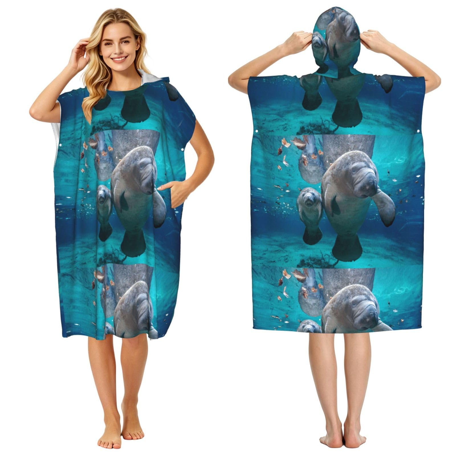 Poadnly Sea Manatee, Adult Hooded Beach Towel 90 x 110 cm,Changing Bath Robe, Surf Poncho Towel For Women Men