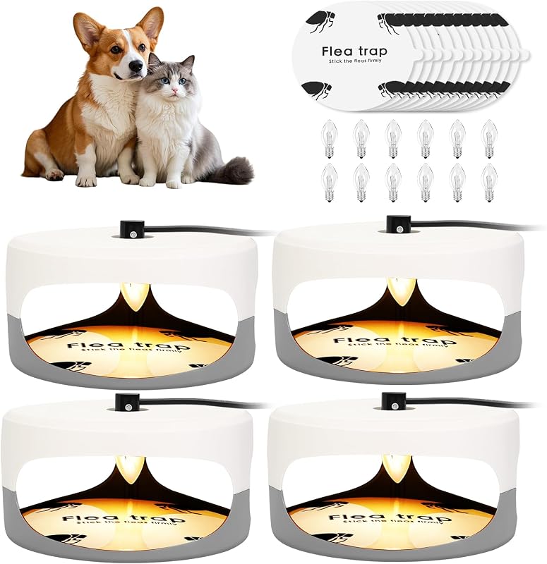 Flea Traps for Inside Your Home, 4 Pack Flea Killer Light for House Indoor | 12 Sticky Pads Refills & 12 Bulbs Included, Pet Safe Odorless Cat Flea Repellent Treatment for Bed Bug Moth Gnat Cockroach