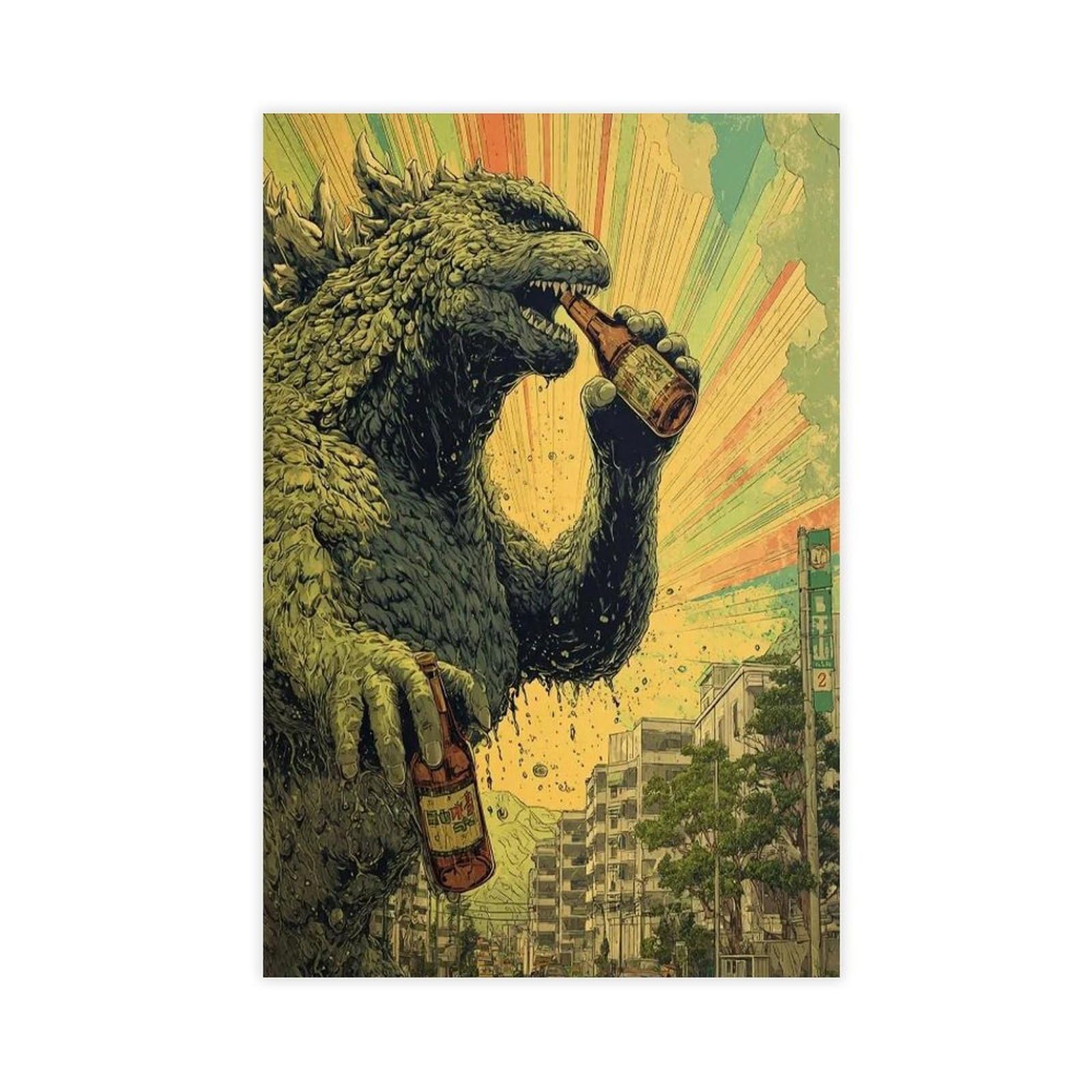 Bncedjk Godzilla Beer Poster Canvas Poster Bedroom Decor Landscape Decor Gift 12X18inch(30X45cm)