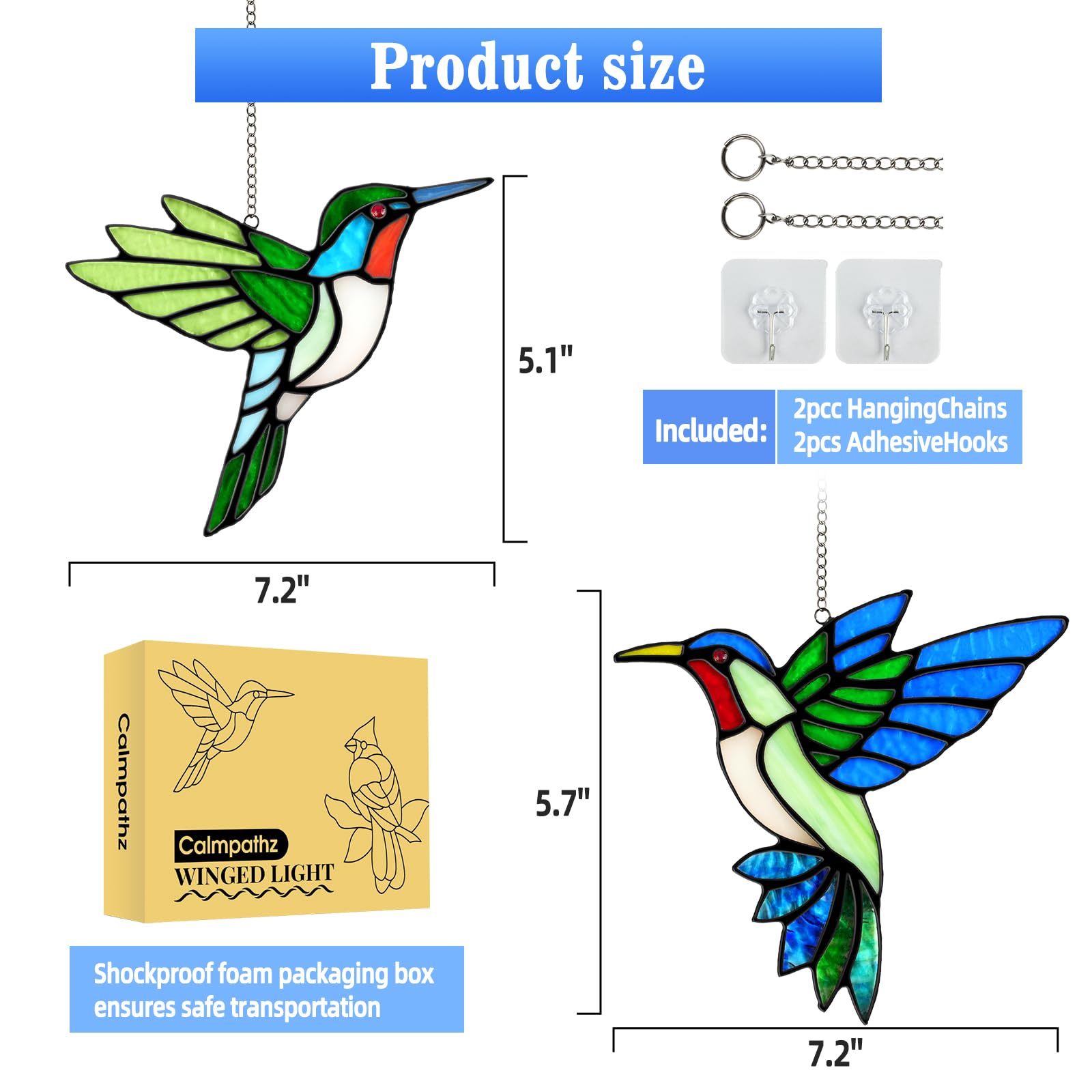 2 Packs Hummingbird Stained Glass Window Hanging Suncatchers - 6 Inch Handmade Real Glass with Copper Foil Edges, Bird Safe Gifts for Women Mom Grandma Bird Lovers(Suction Hooks Included)