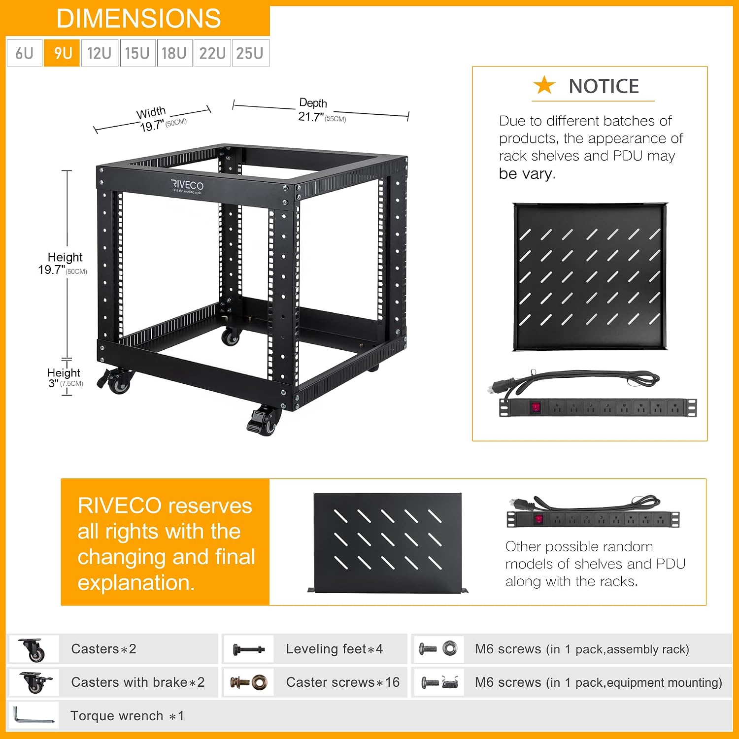 RIVECO 9U Open Frame Server Rack with Wheels + PDU (8 Outlets) Power Strip Surge Protector (1u Rack Shelf 1pcs +PDU) image 2