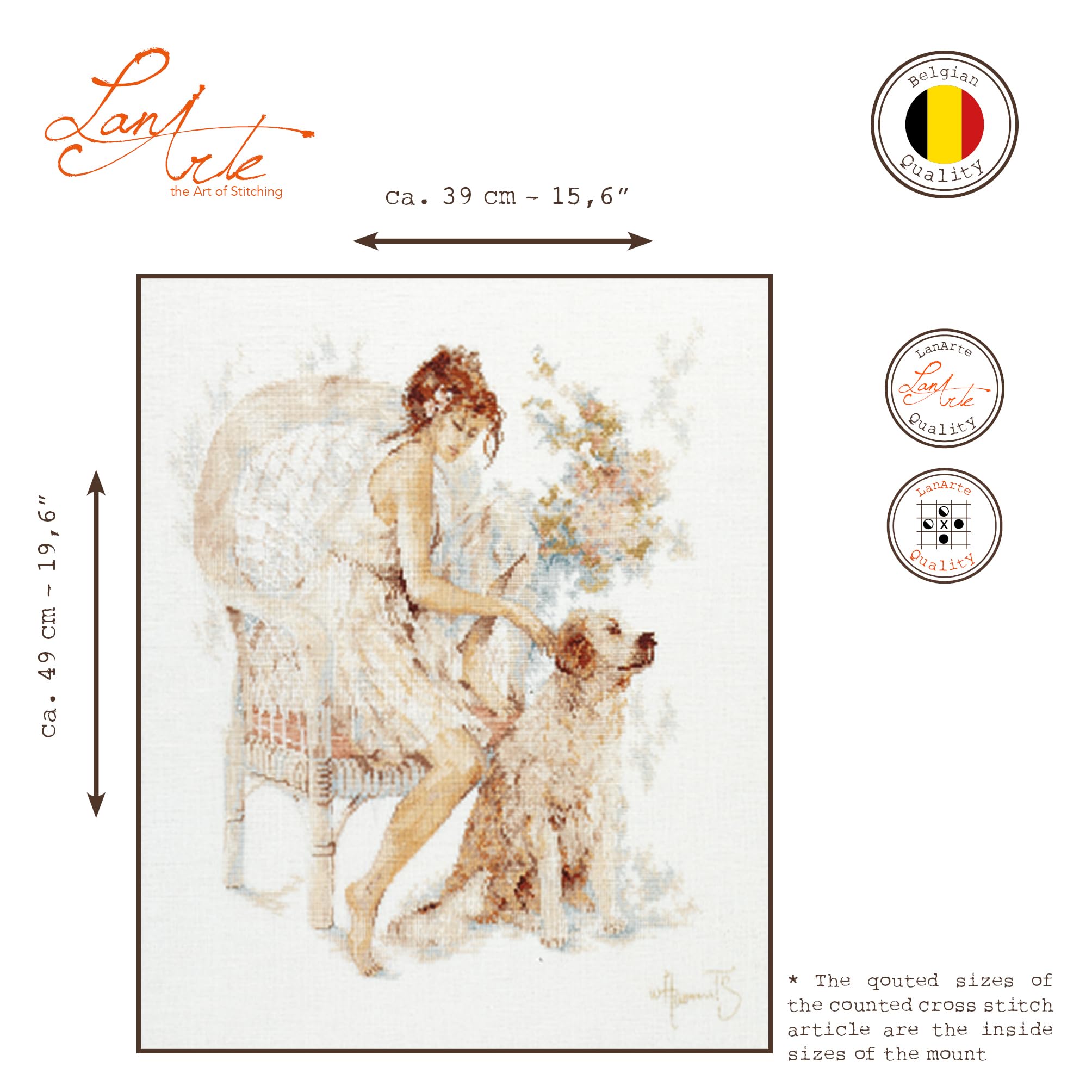 LANARTE Borduurpakket Kruissteek Schilderij MEISJE MET HOND Handwerkpakket voor Wanddecoratie 39 x 49 cm Borduurwerk met Telpatroon DIY Kit Moderne Kruissteek Cadeau Knutselen Voor Volwassenen